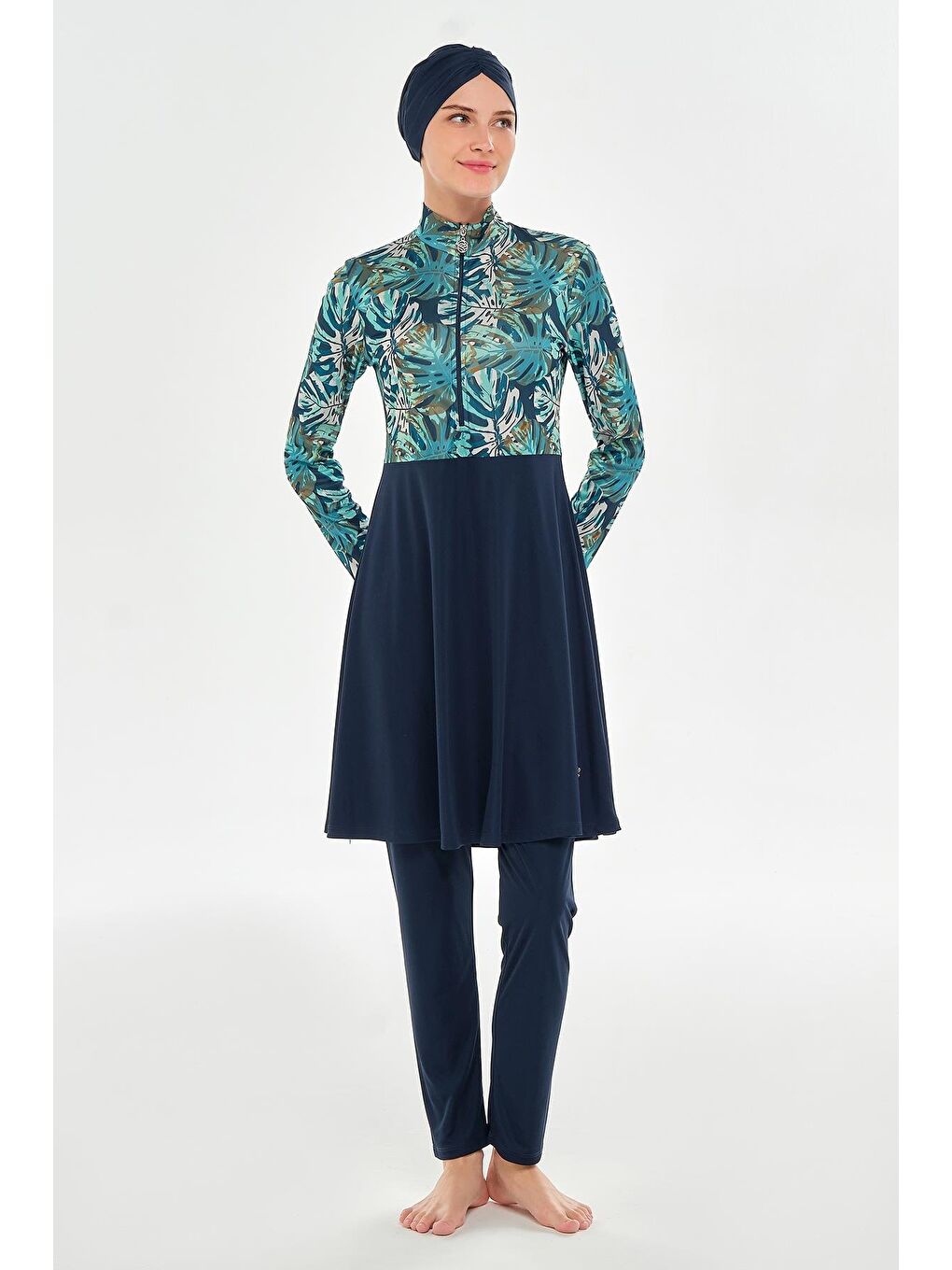 Lacivert Kadın Tropikal Yaprak Desenli Tesettür Mayo | Lacivet 3124-1