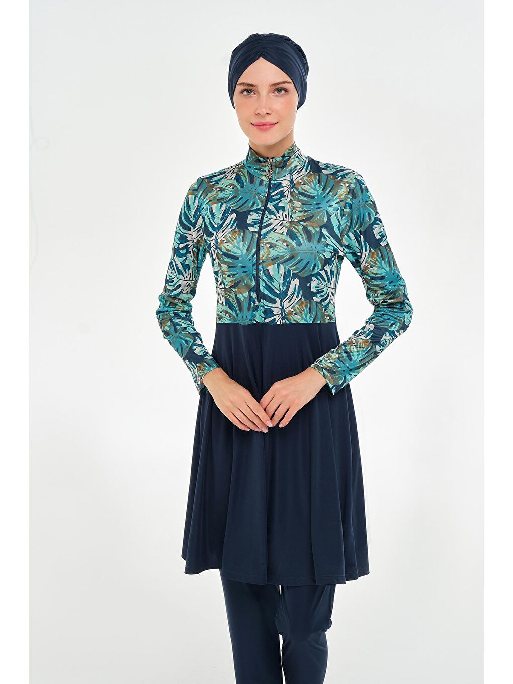 Lacivert Kadın Tropikal Yaprak Desenli Tesettür Mayo | Lacivet 3124-2
