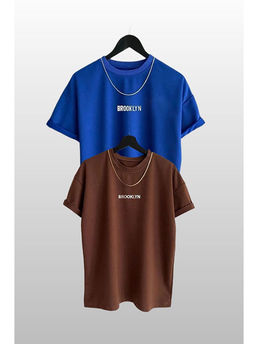 Kadın Brooklyn Baskılı 2li Paket Mavi Kahve T shirt
