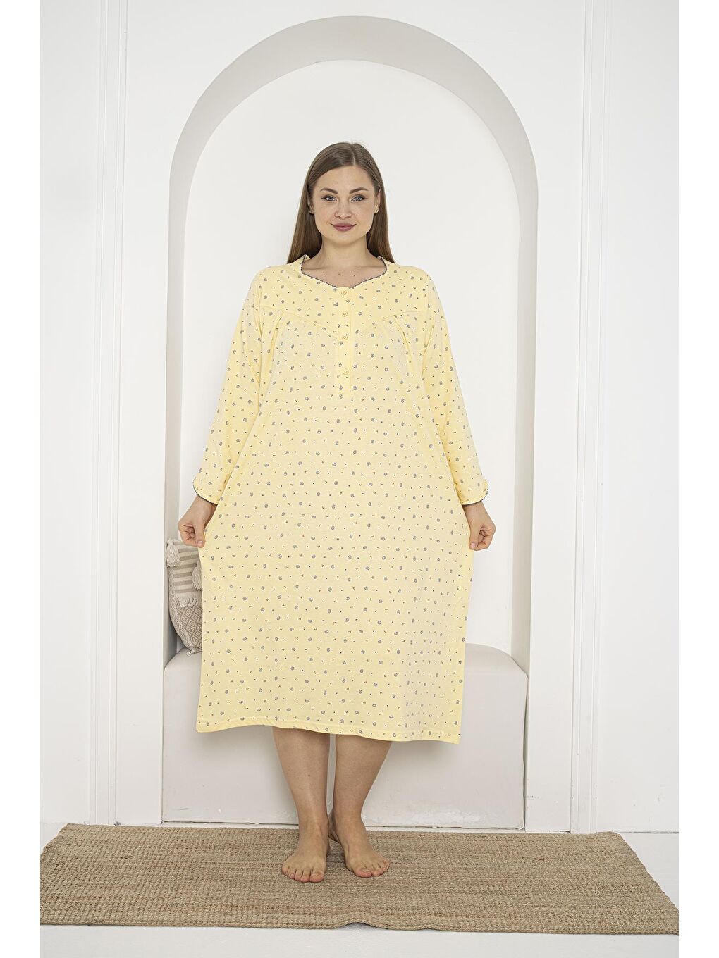 Sarı Uzun Kol Düğmeli Yaka %100 Pamuklu Penye Büyük Beden Anne Geceliği 933