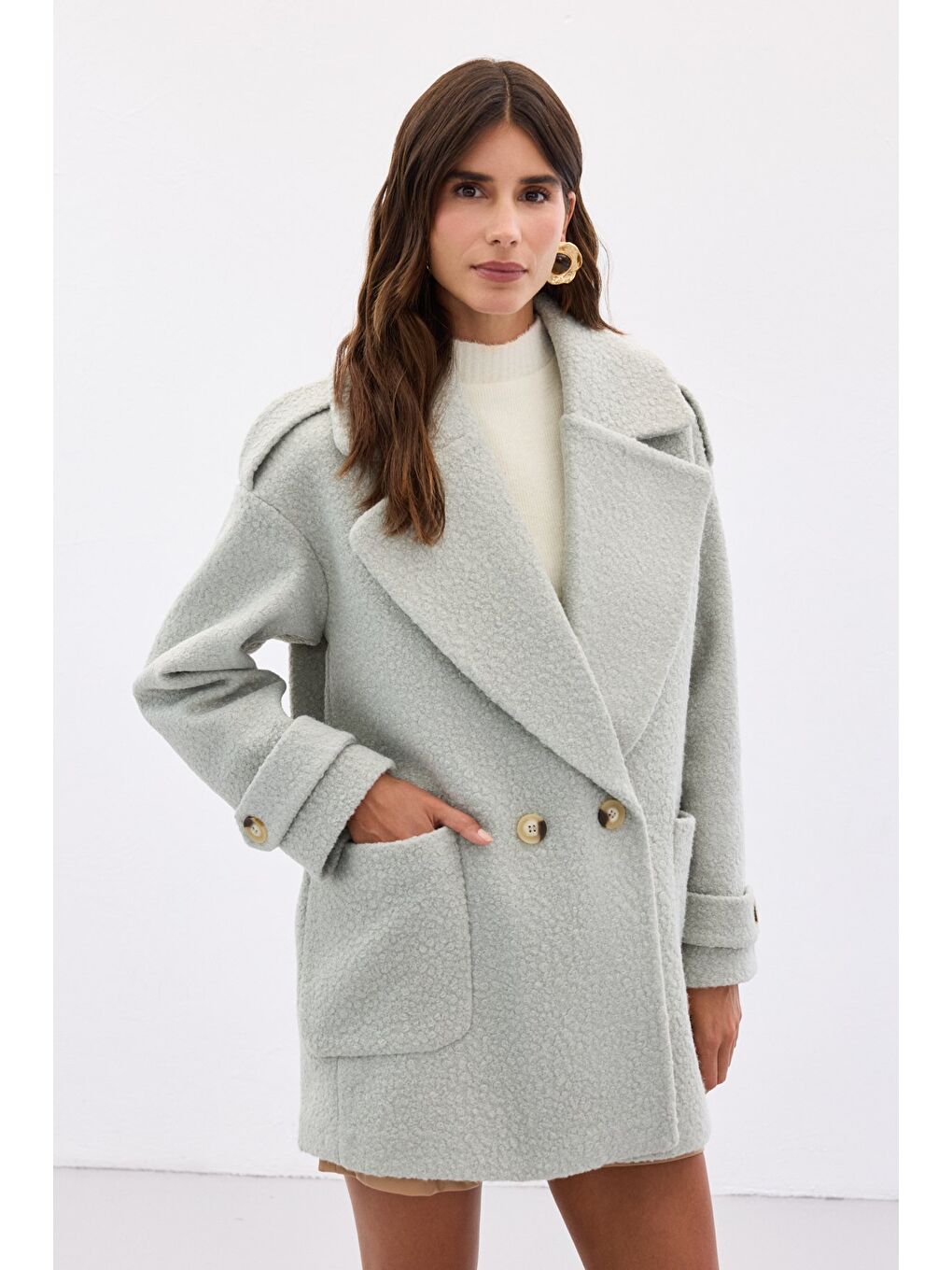 Yeşil Buklet Kısa Kaban - Mint-1