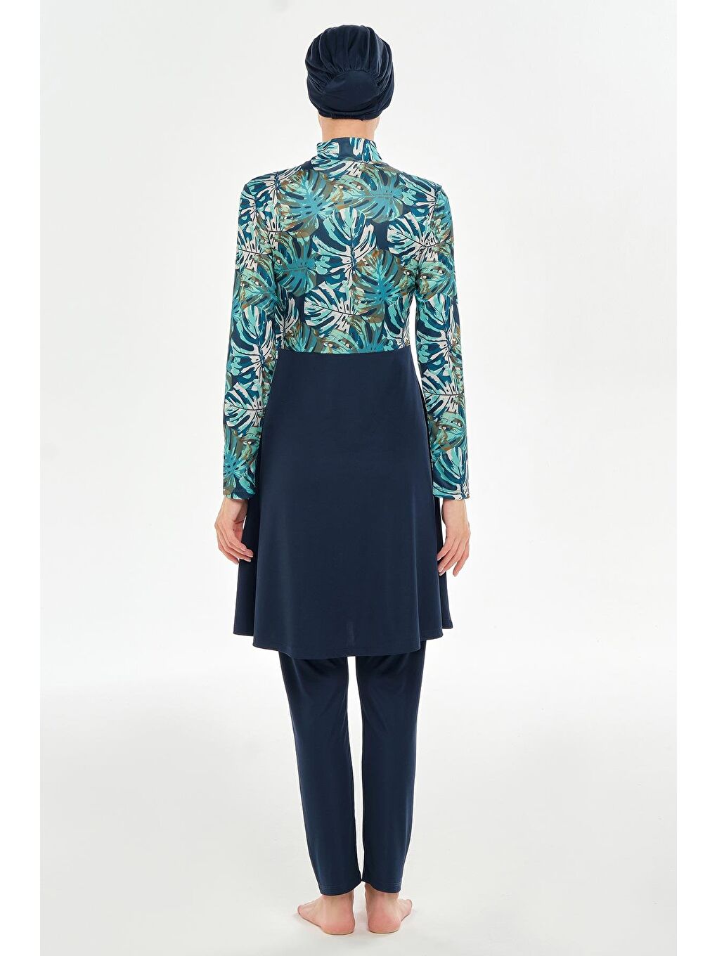 Lacivert Kadın Tropikal Yaprak Desenli Tesettür Mayo | Lacivet 3124-3