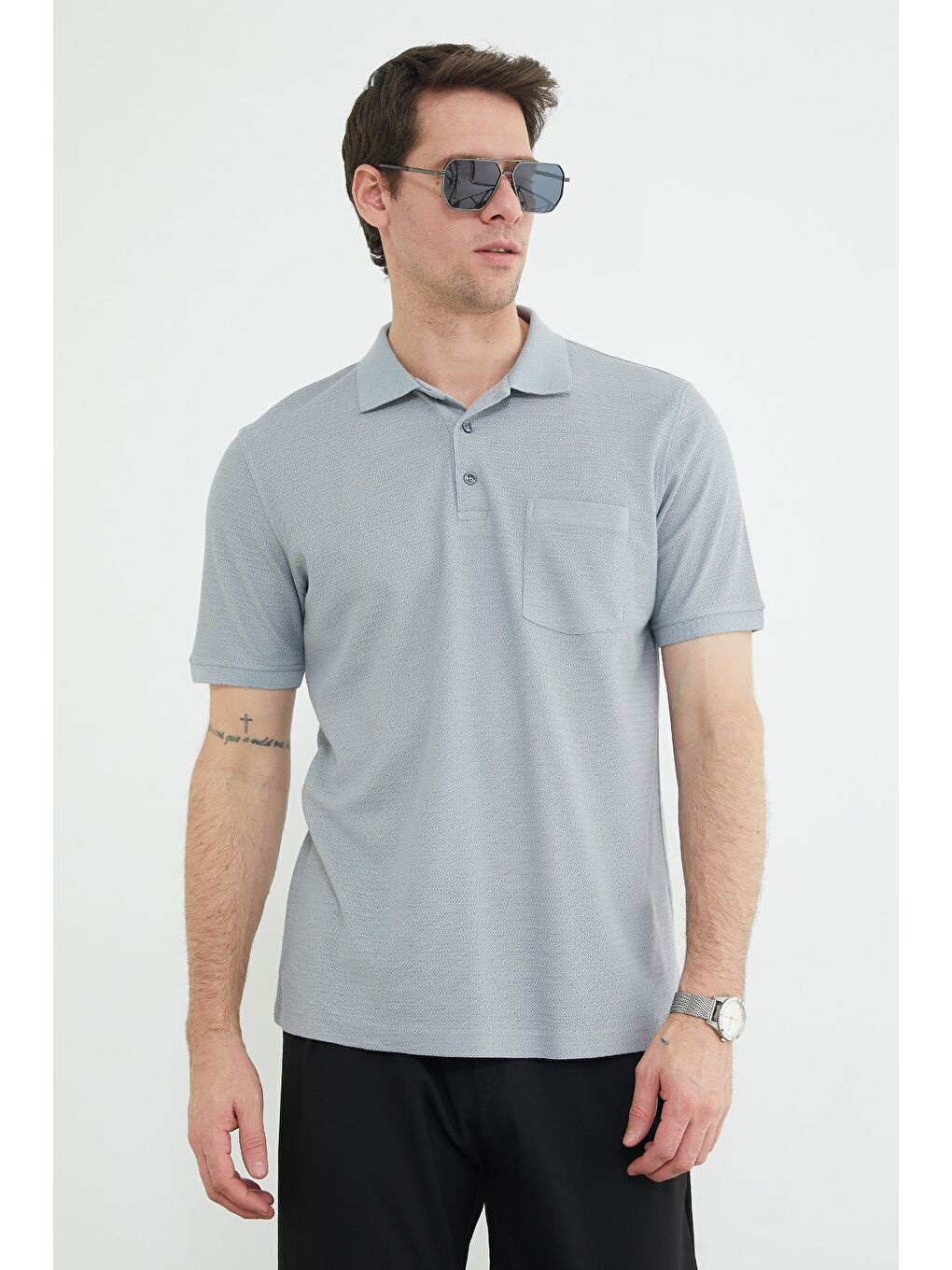Gri Tek Cepli Polo Yaka Tişört-1