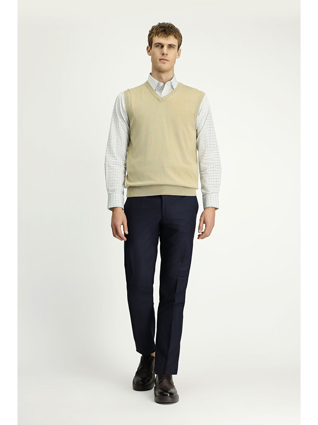 Bej V Yaka Pamuklu Kaşmir Triko Süveter-1