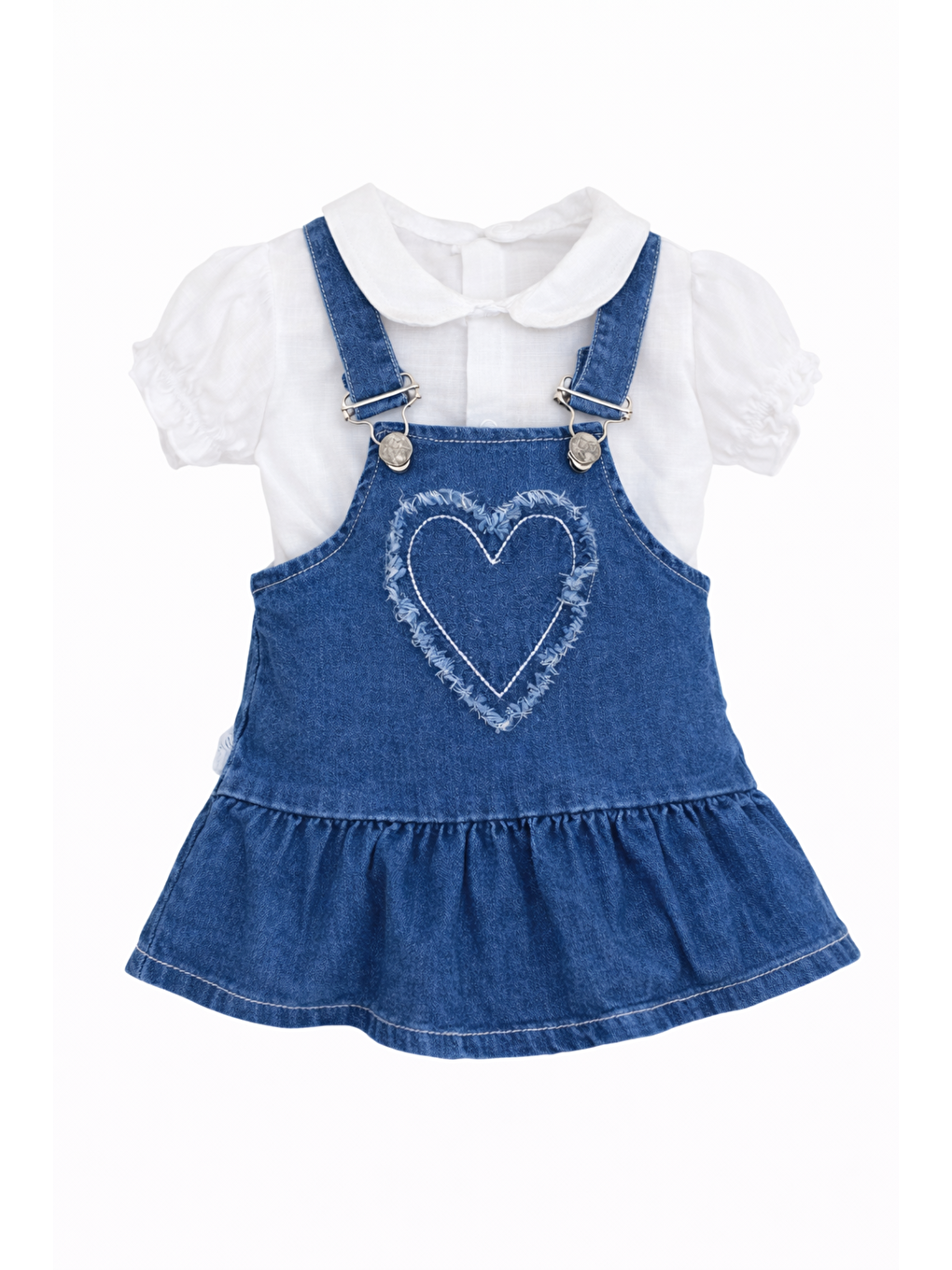 Lacivert Kız Bebek Denim Jean Elbise 2 Parça Salopet Gömlek Pamuklu Kalpli