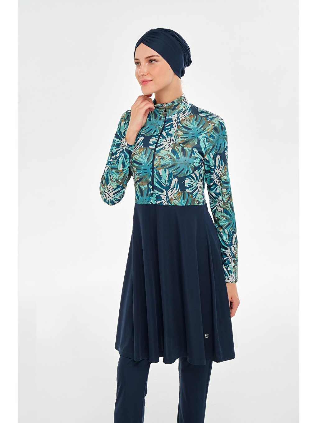 Lacivert Kadın Tropikal Yaprak Desenli Tesettür Mayo | Lacivet 3124-4