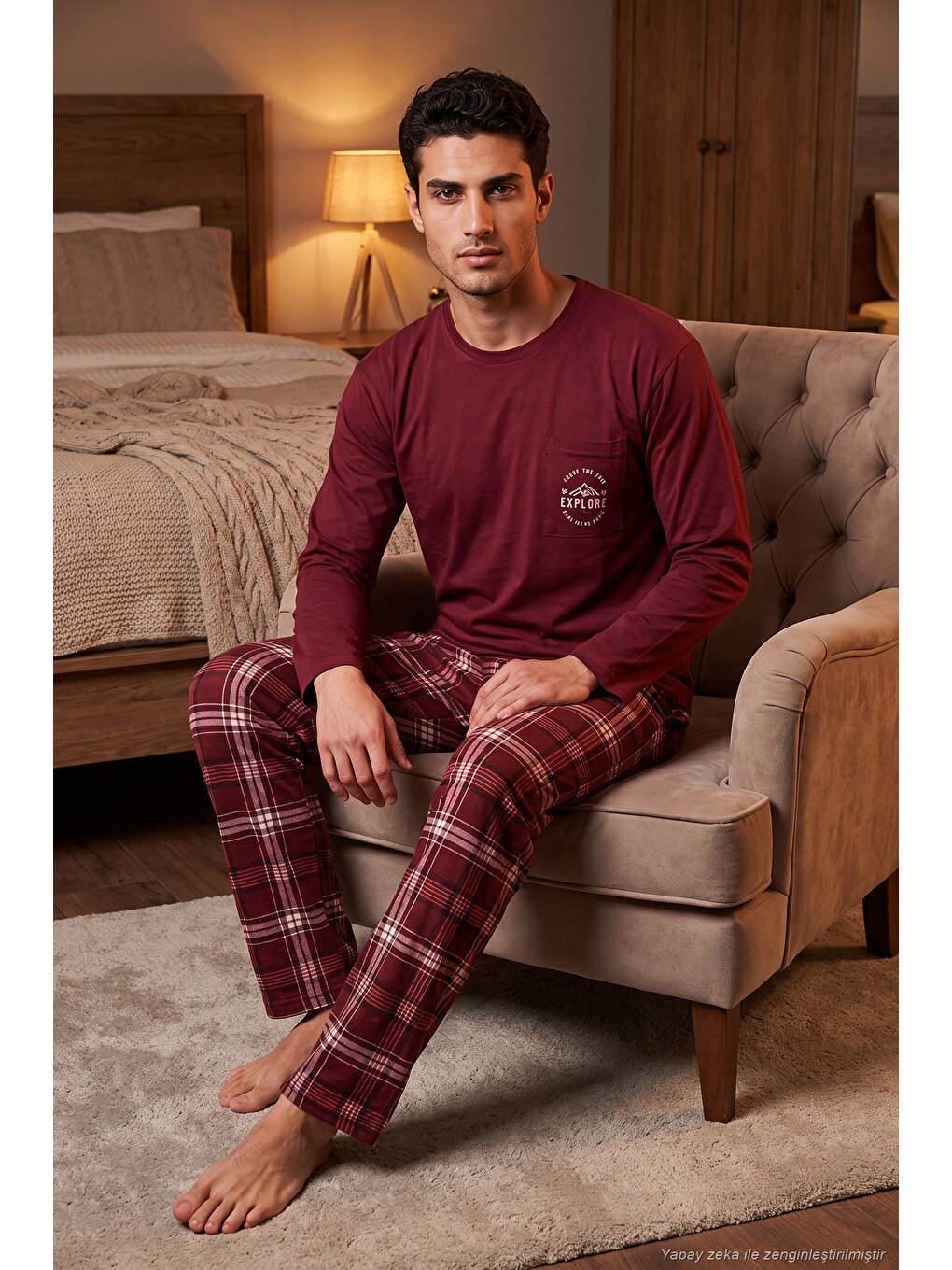 Bordo Ekoseli Pamuklu Bisiklet Yaka Pijama Takımı 6575007