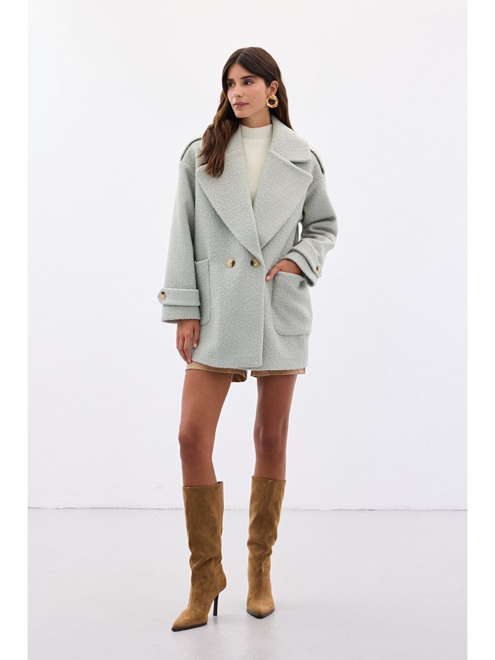 Yeşil Buklet Kısa Kaban - Mint-2