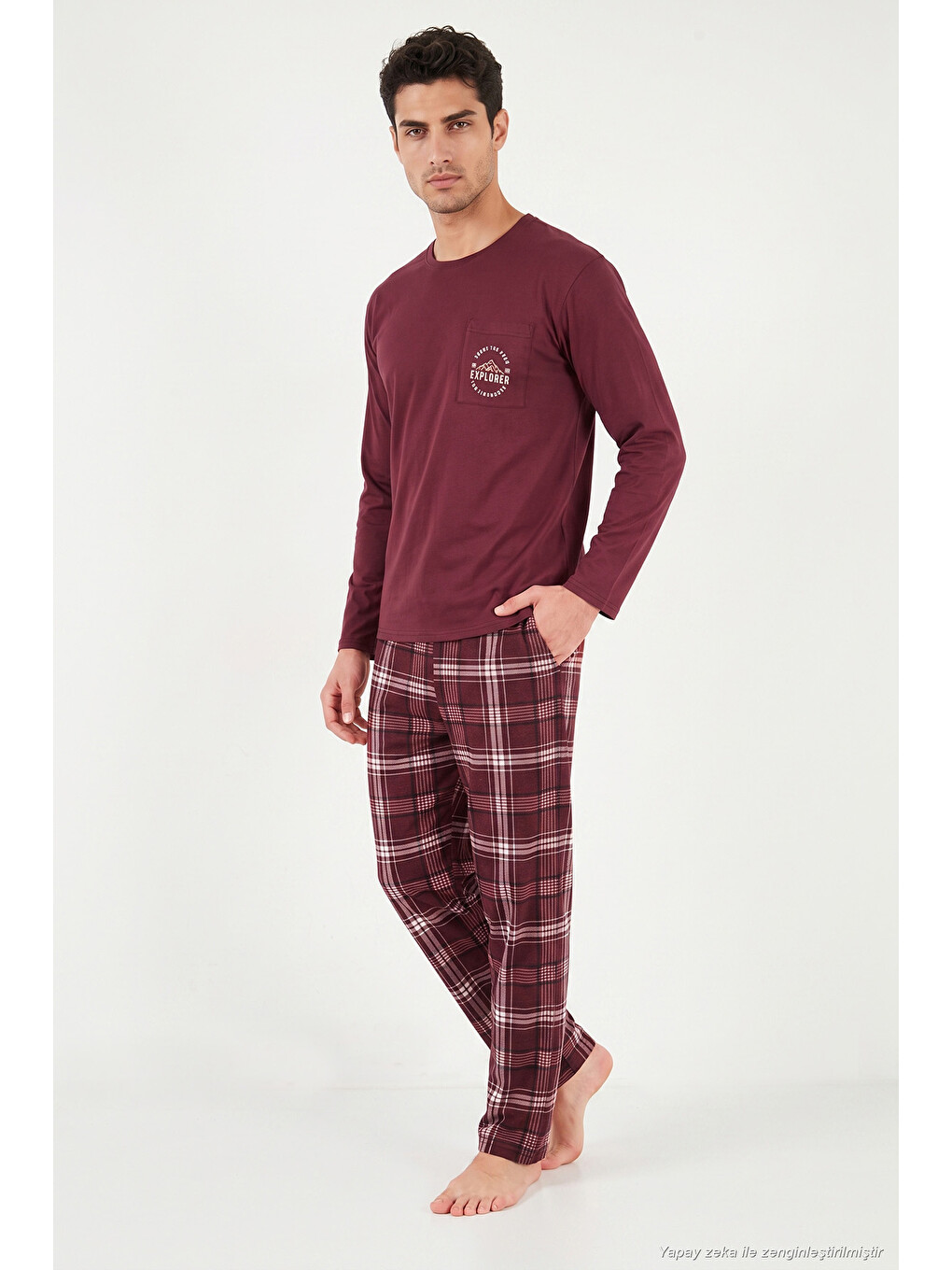 Bordo Ekoseli Pamuklu Bisiklet Yaka Pijama Takımı 6575007-1