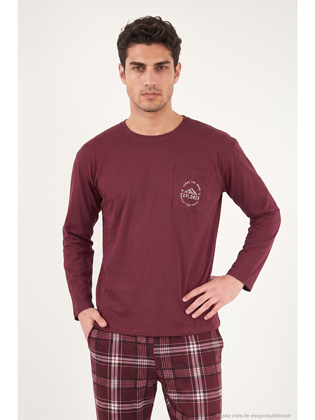Bordo Ekoseli Pamuklu Bisiklet Yaka Pijama Takımı 6575007-2