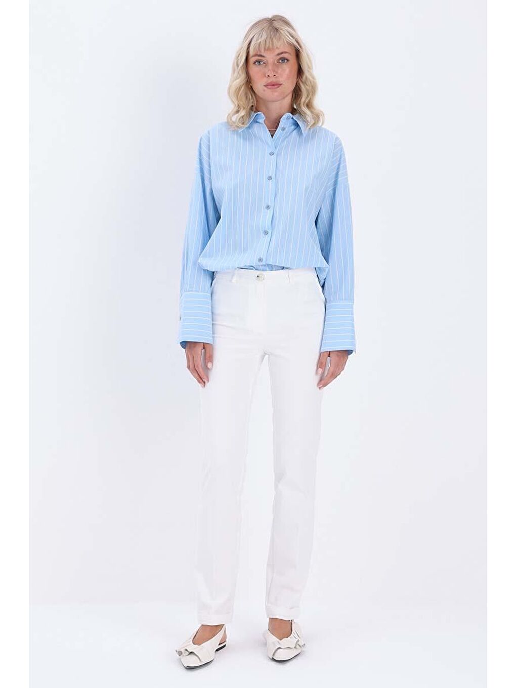 Beyaz-Pamuklu Duble Paça Dar Kesim Pantolon-1