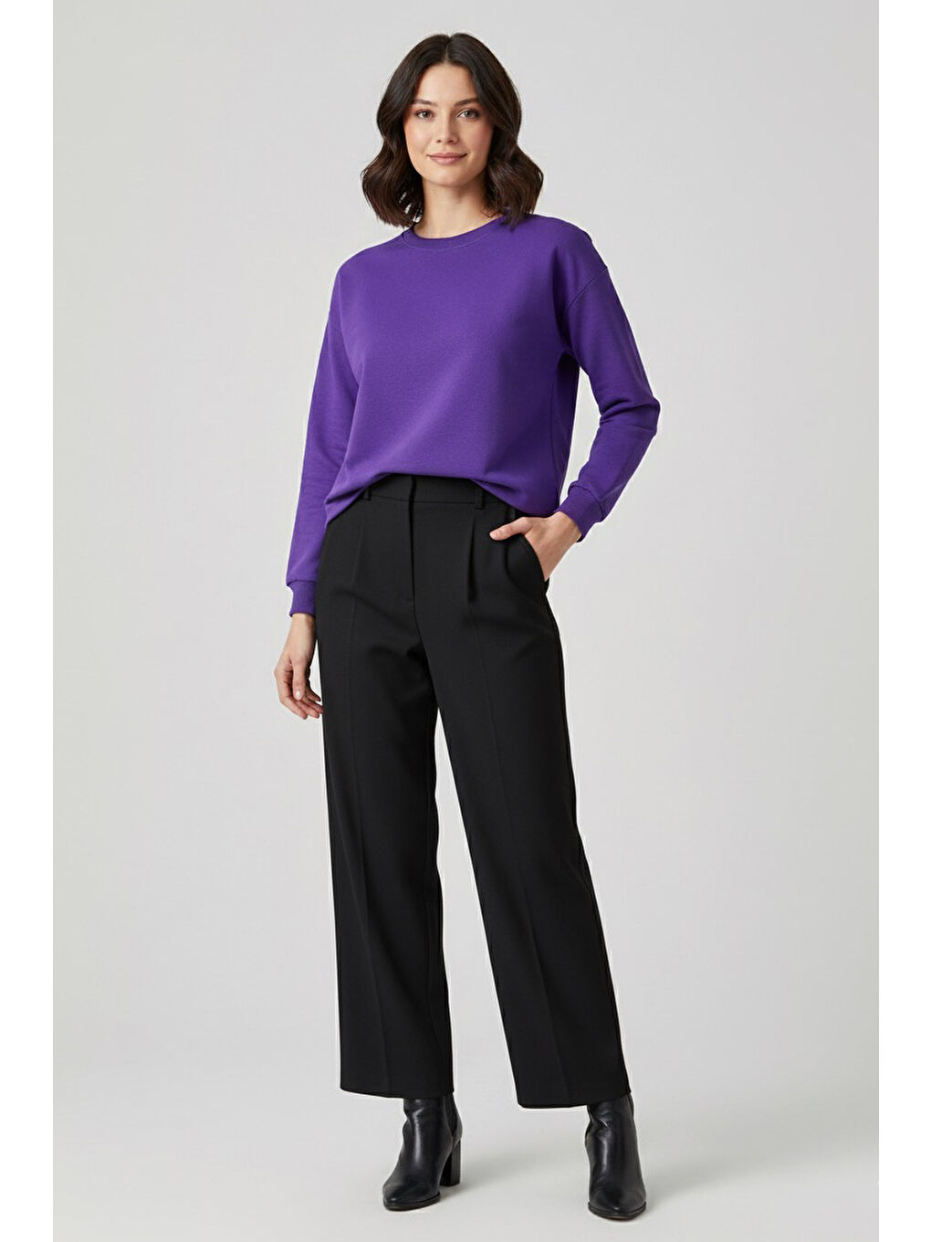 Kadın Bisiklet Yaka Oversize Sweatshirt Mor - 27955-MOR-2