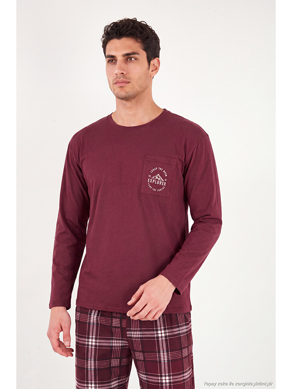 Bordo Ekoseli Pamuklu Bisiklet Yaka Pijama Takımı 6575007-3