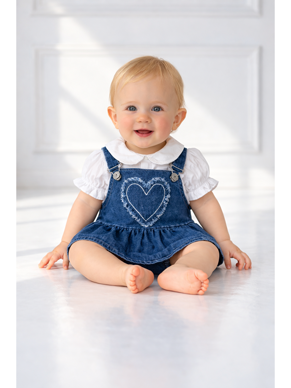Lacivert Kız Bebek Denim Jean Elbise 2 Parça Salopet Gömlek Pamuklu Kalpli-1