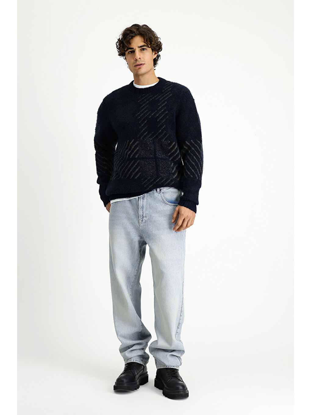 Lacivert Bisiklet Yaka Regular Fit Desenli Yünlü Triko Kazak-1