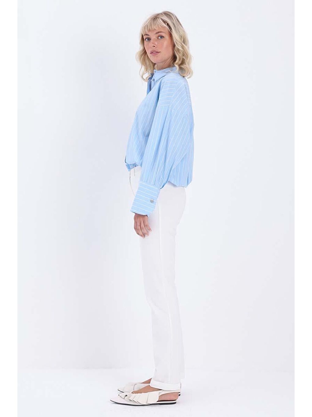 Beyaz-Pamuklu Duble Paça Dar Kesim Pantolon-2