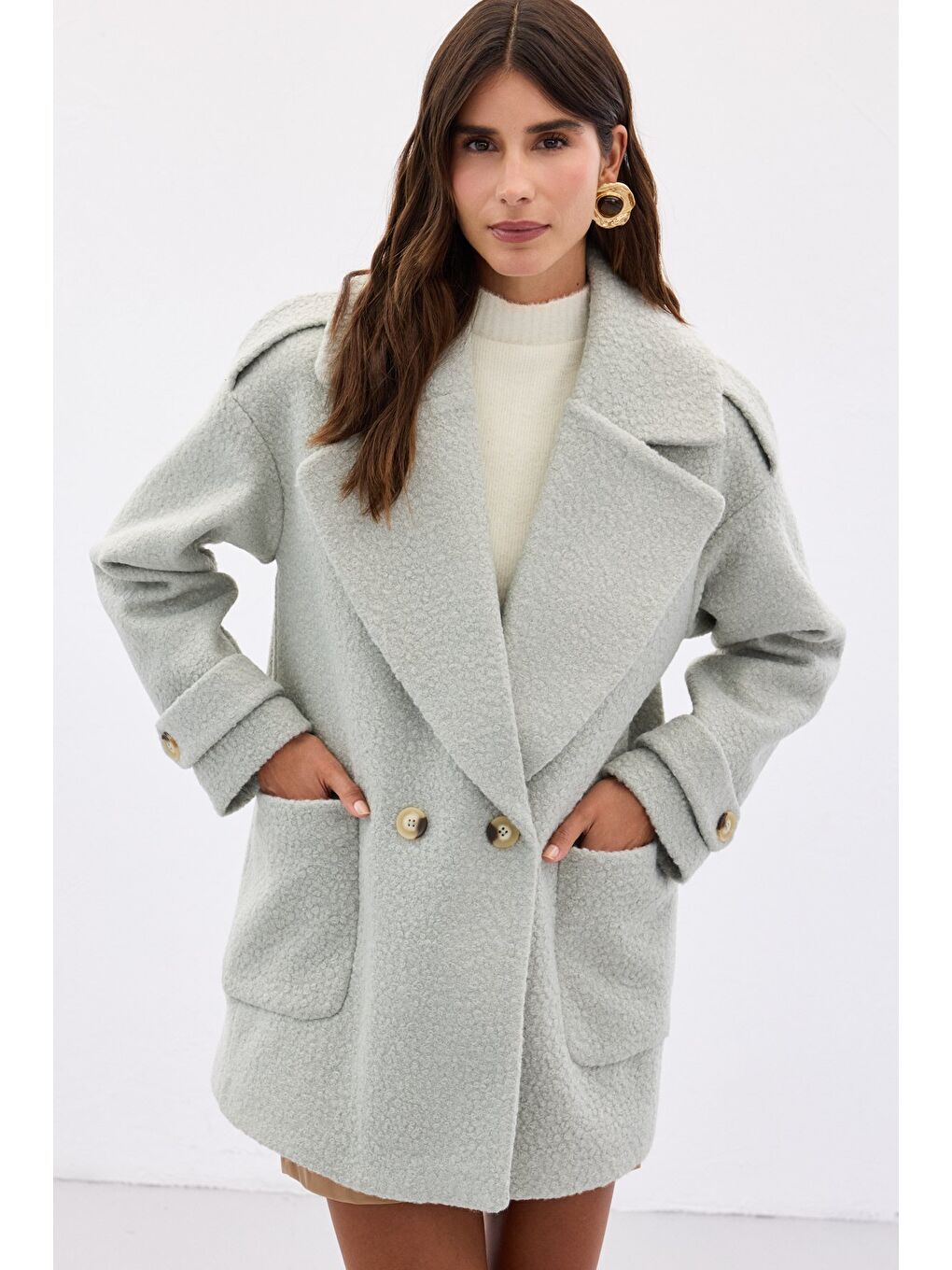 Yeşil Buklet Kısa Kaban - Mint-3