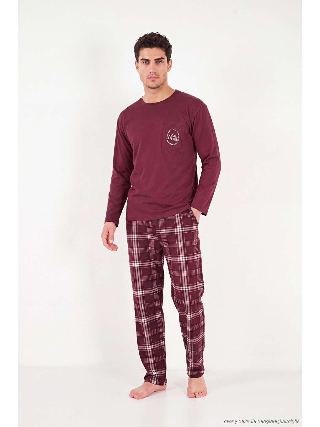 Bordo Ekoseli Pamuklu Bisiklet Yaka Pijama Takımı 6575007-4