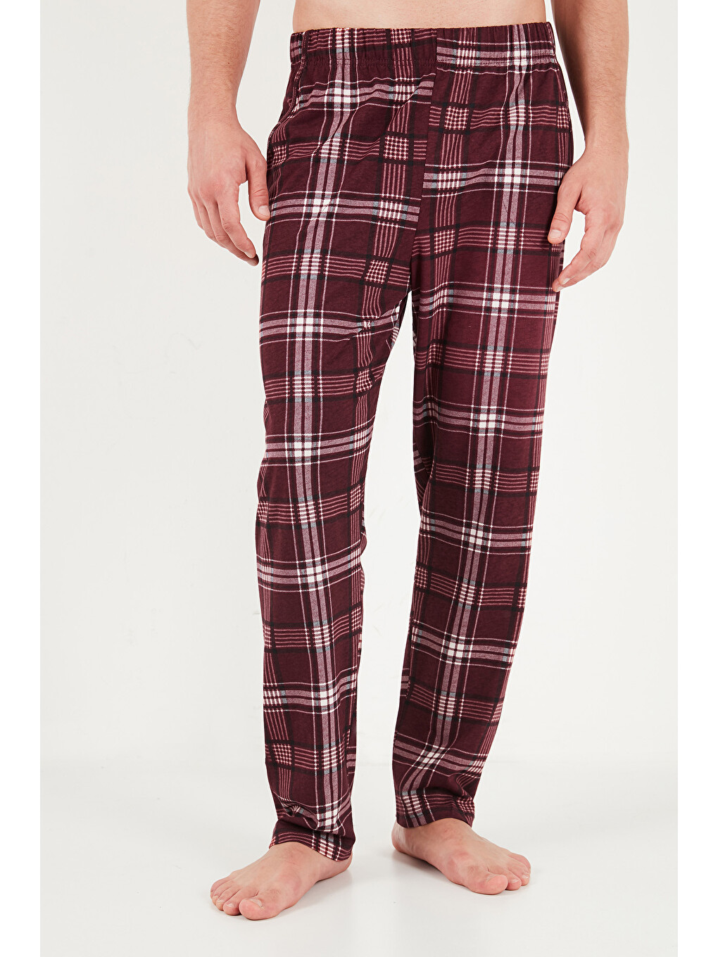 Bordo Ekoseli Pamuklu Bisiklet Yaka Pijama Takımı 6575007-5