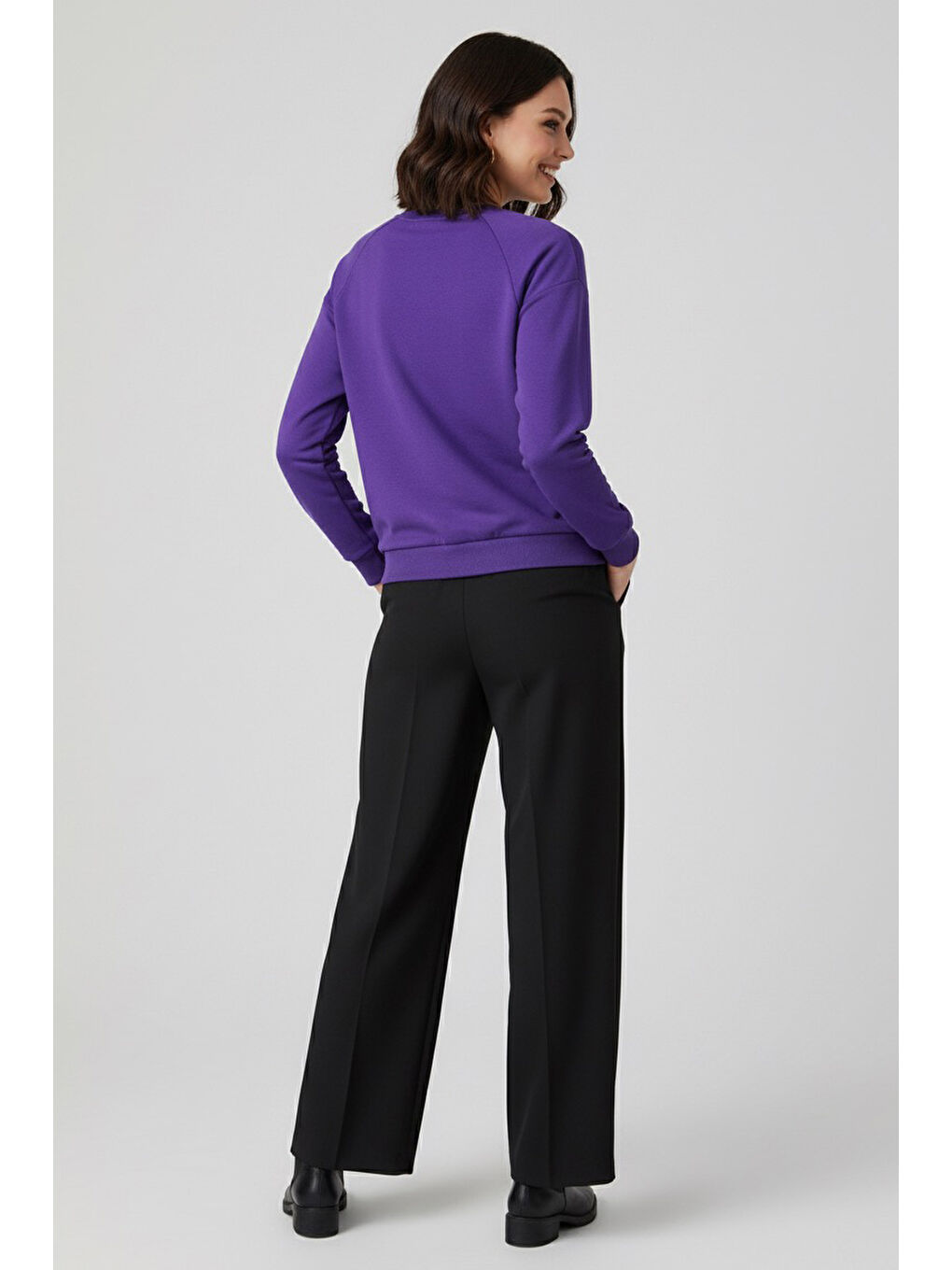 Kadın Bisiklet Yaka Oversize Sweatshirt Mor - 27955-MOR-3