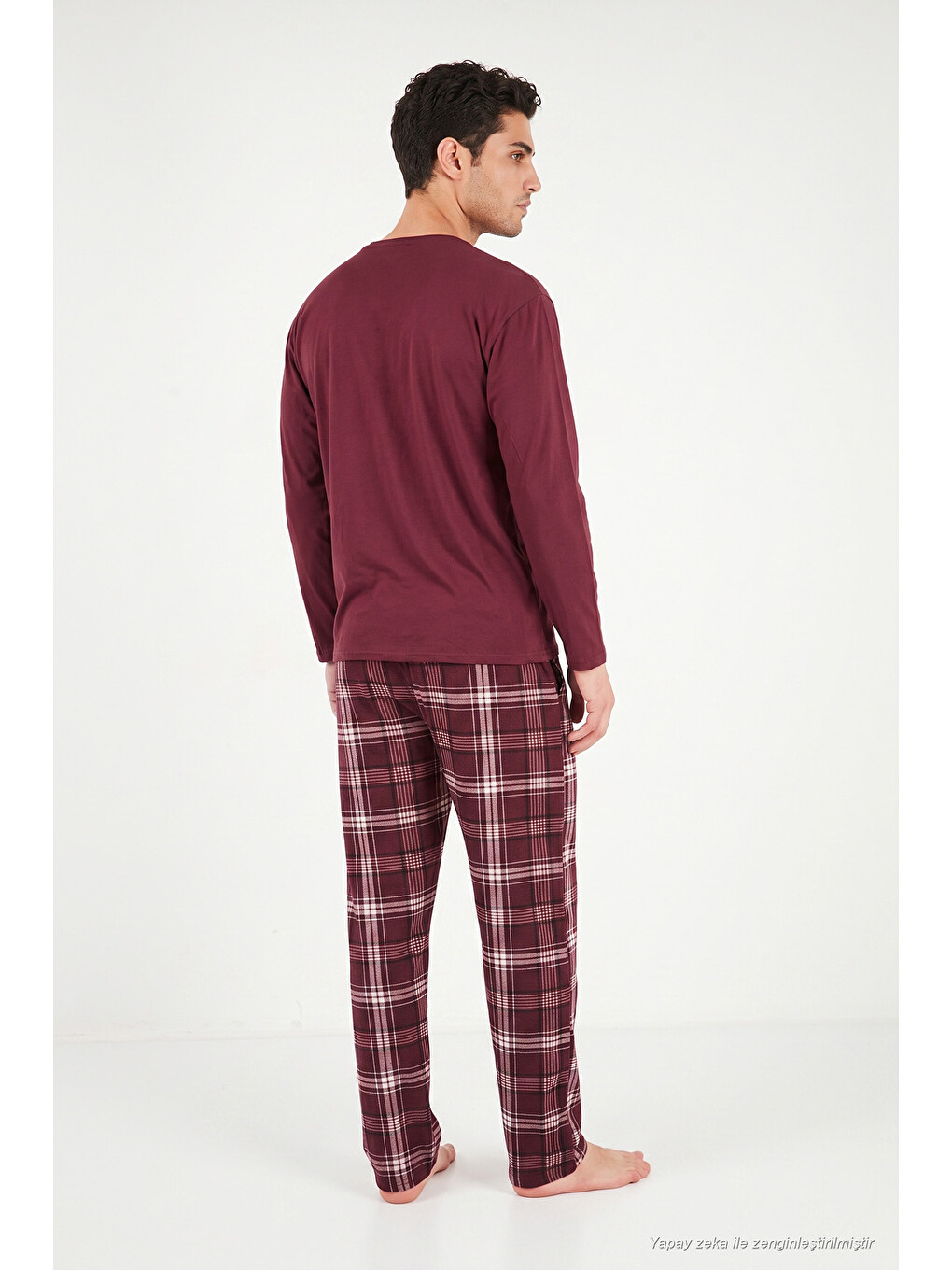 Bordo Ekoseli Pamuklu Bisiklet Yaka Pijama Takımı 6575007-6
