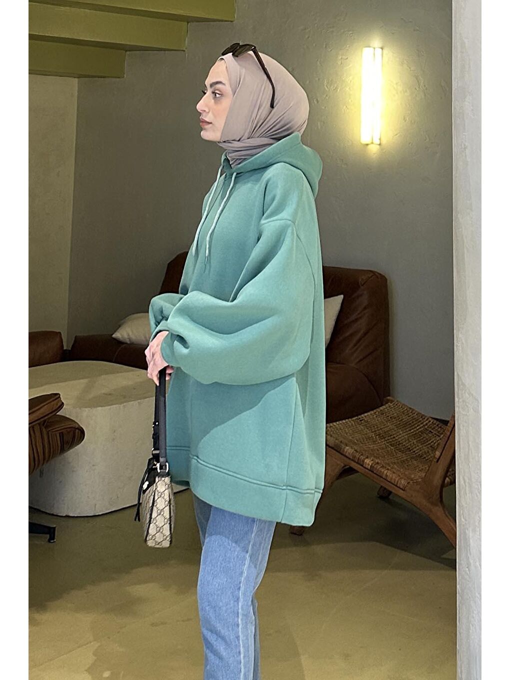 Üç İplik Balon Kol Sweatshirt Mint Yeşili-1