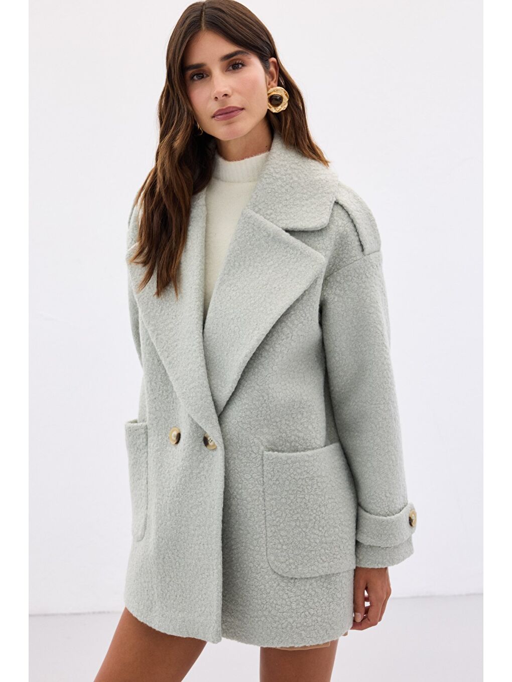 Yeşil Buklet Kısa Kaban - Mint-4