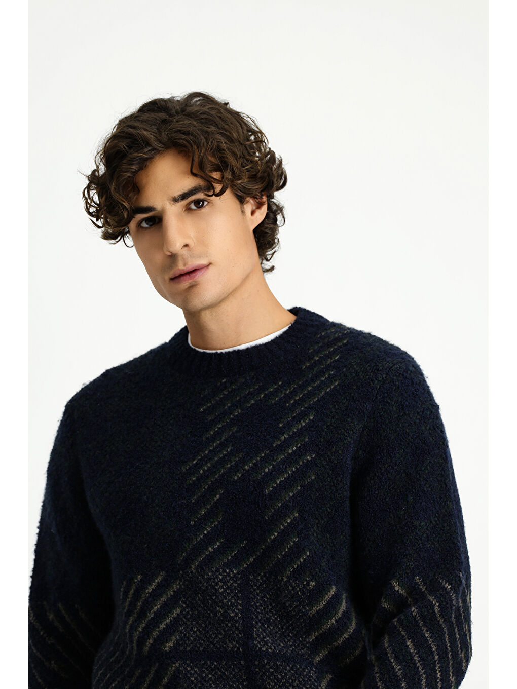 Lacivert Bisiklet Yaka Regular Fit Desenli Yünlü Triko Kazak-2