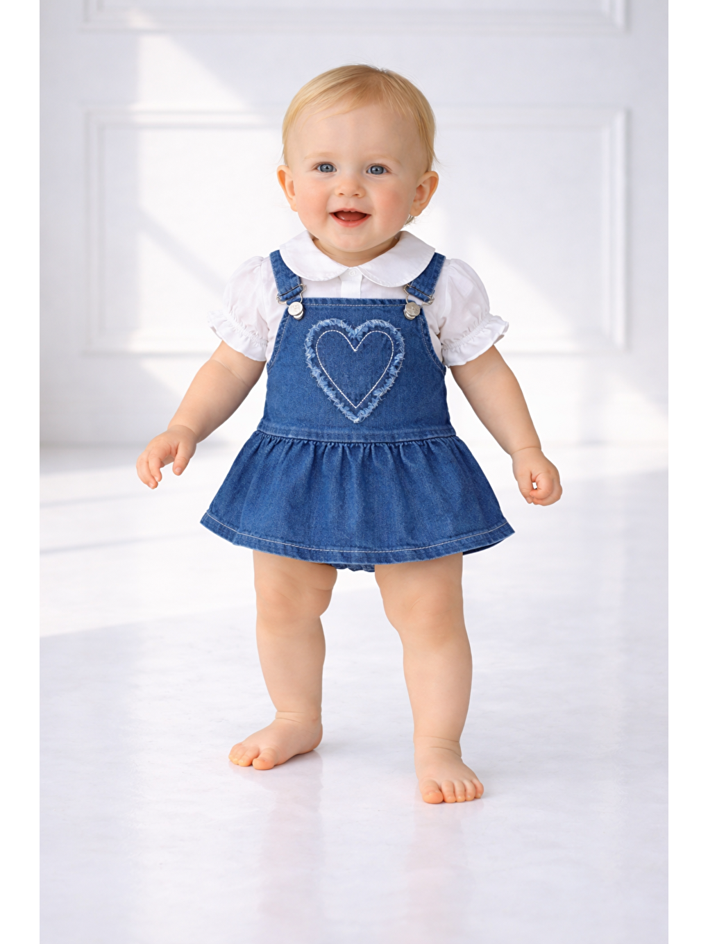 Lacivert Kız Bebek Denim Jean Elbise 2 Parça Salopet Gömlek Pamuklu Kalpli-2