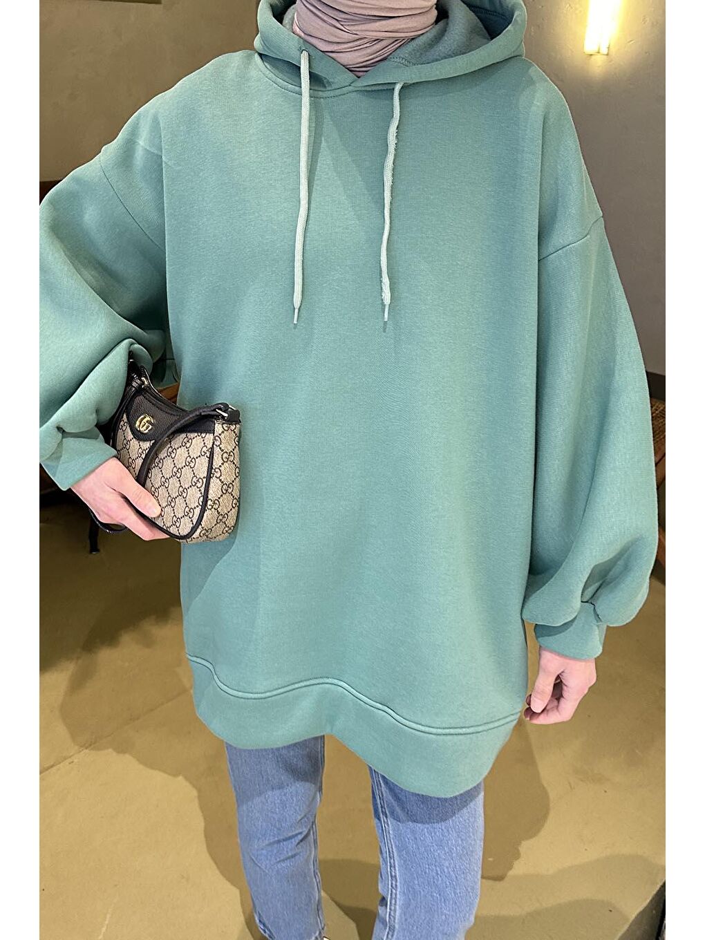 Üç İplik Balon Kol Sweatshirt Mint Yeşili-2