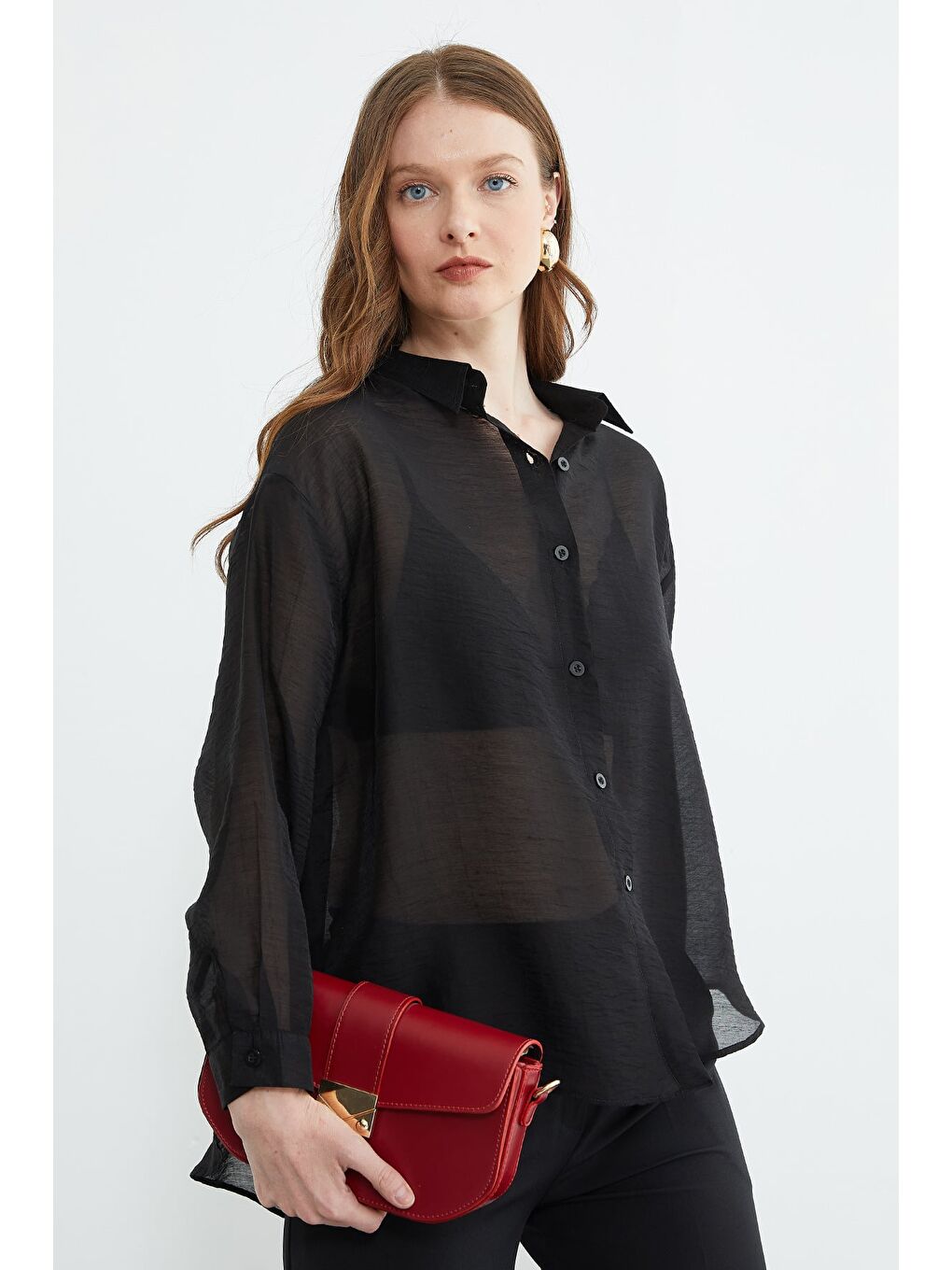 Siyah Jakarlı Düğmeli Transparan Gömlek-2