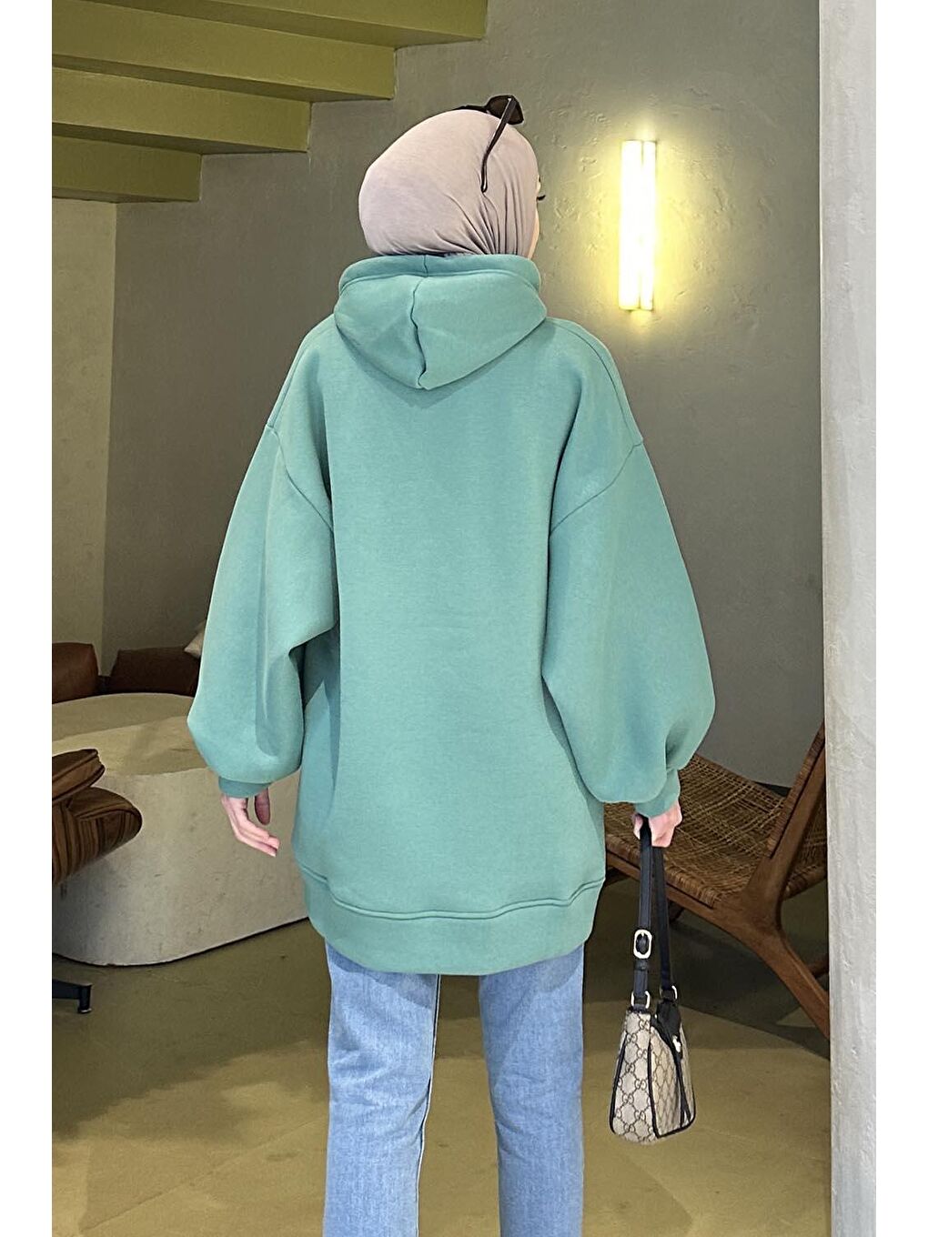 Üç İplik Balon Kol Sweatshirt Mint Yeşili-3