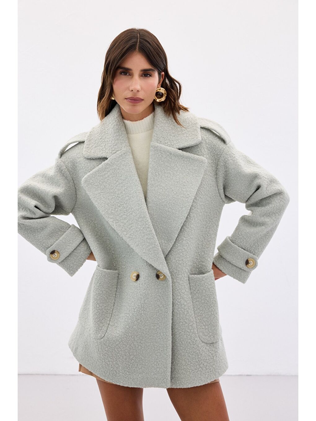 Yeşil Buklet Kısa Kaban - Mint-5