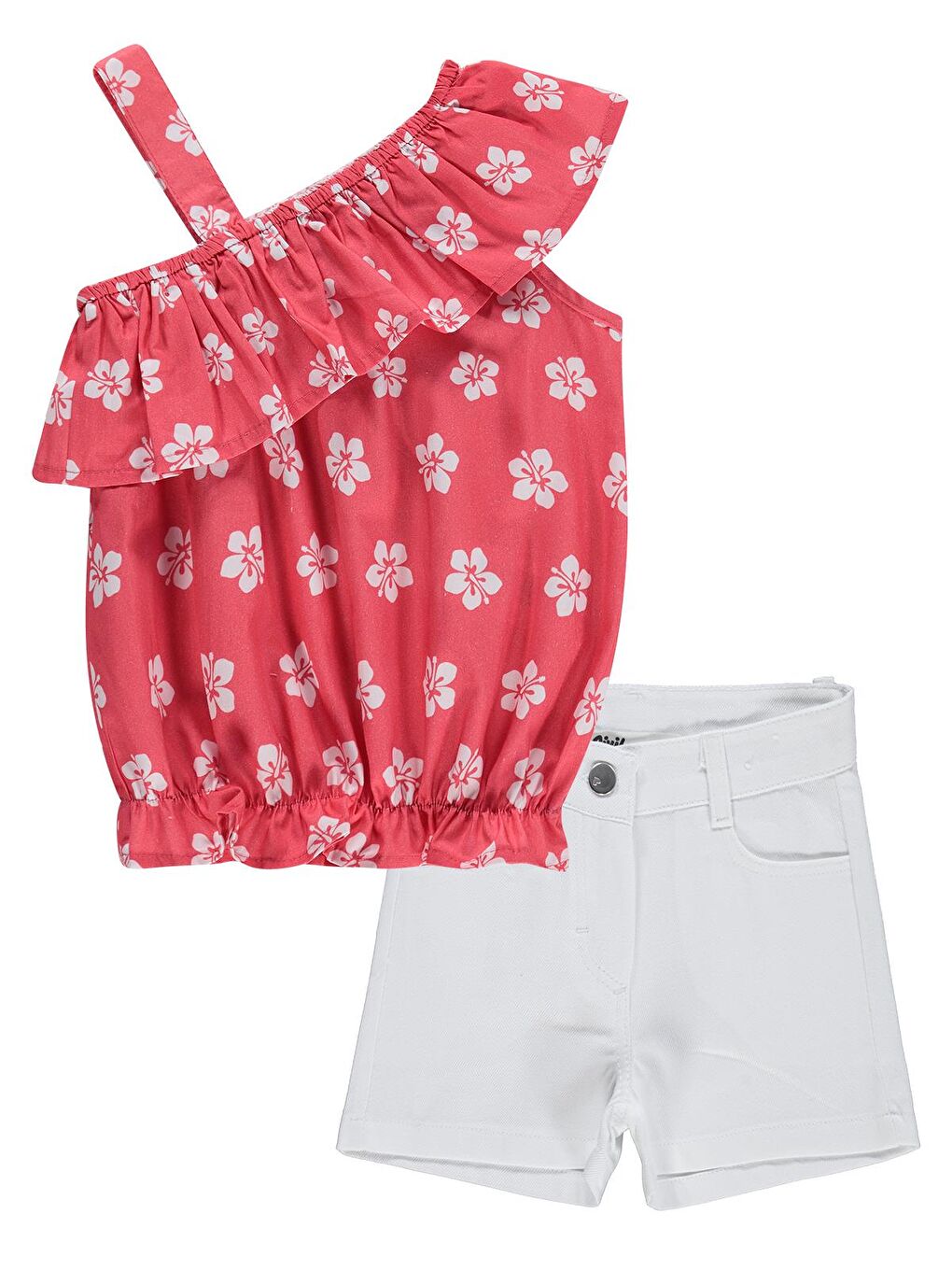 Girls Çiçek Desenli Volanlı 6-9 Yaş Takım - Kırmızı-3