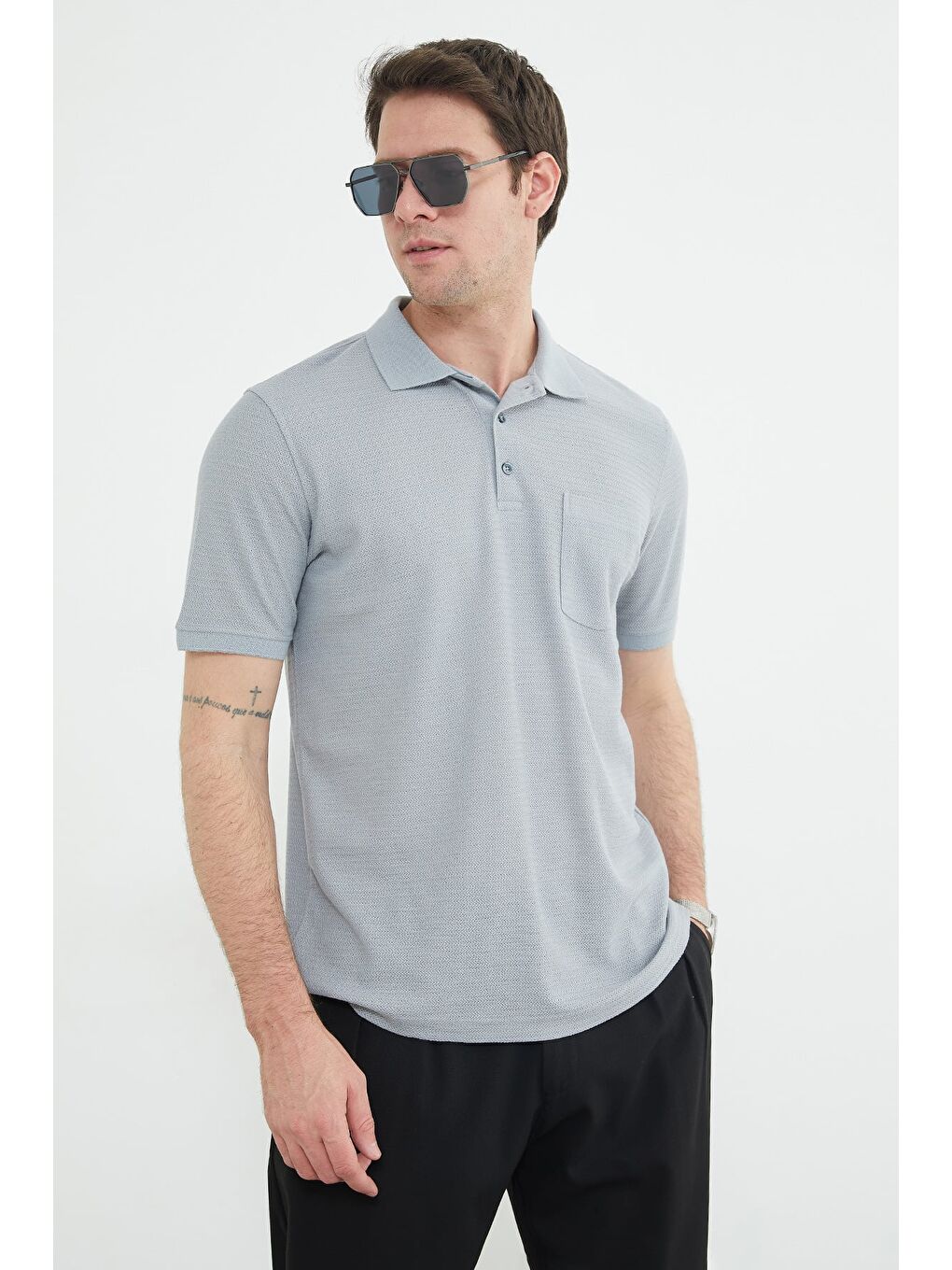 Gri Tek Cepli Polo Yaka Tişört-4