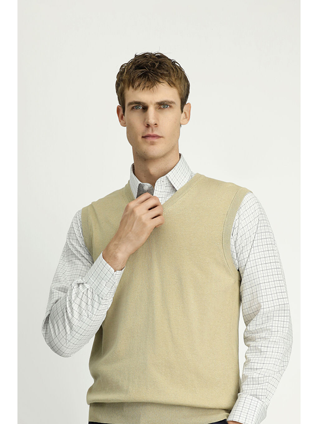 Bej V Yaka Pamuklu Kaşmir Triko Süveter-3