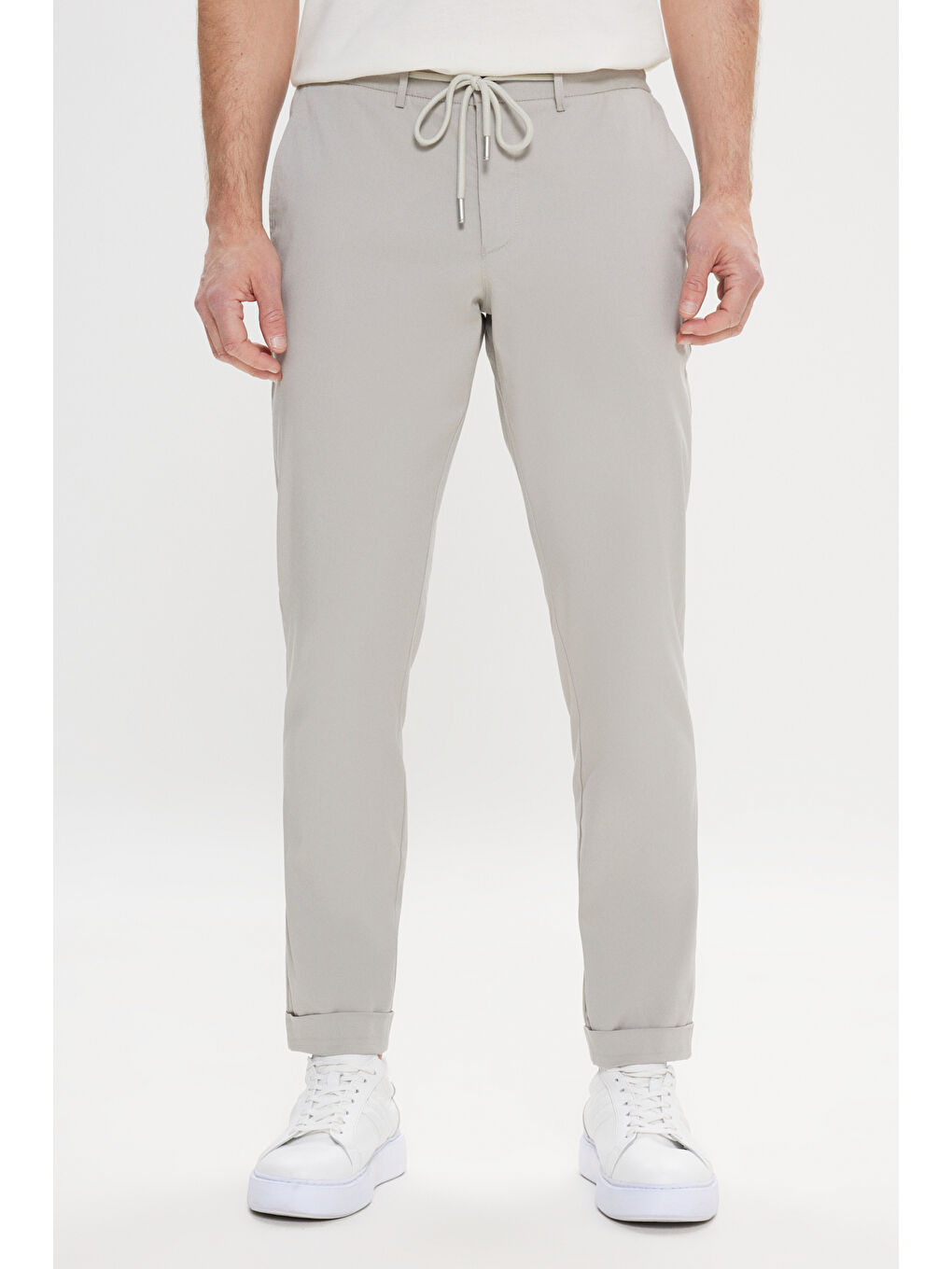 Erkek Açık Gri Slim Fit Dar Kesim Yan Cepli Desenli Beli Lastikli Pantolon