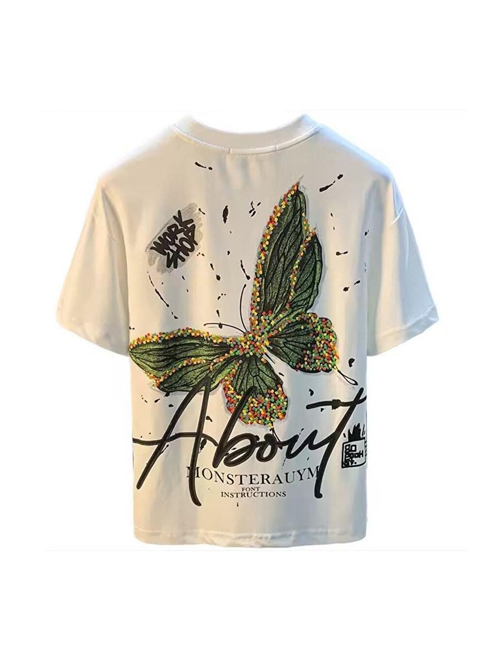 Beyaz Unisex Kelebek Baskılı Bisiklet Yaka Oversize Tişört-3