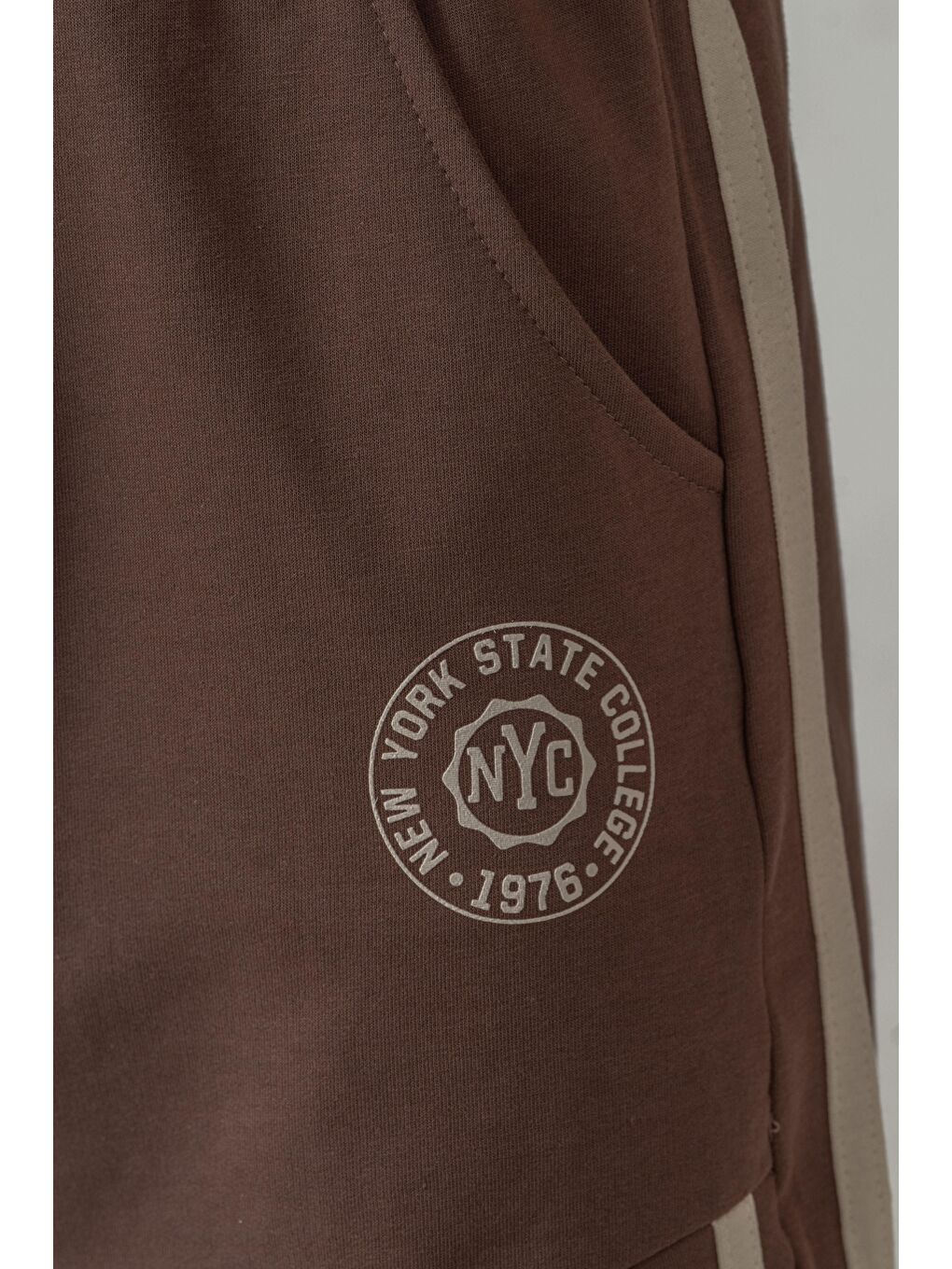 Kahverengi New York State College Baskılı Yanlar Biye Şeritli Erkek Çocuk Şort-3