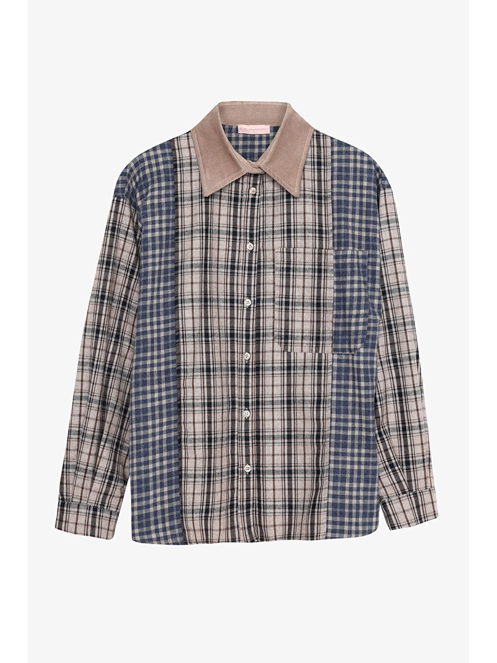 Renk Bloklu Ekose Oversize Gömlek Bej