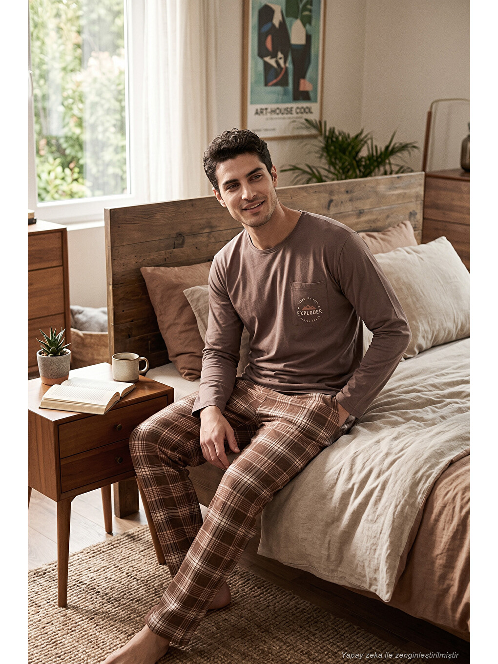 Kahverengi Ekoseli Pamuklu Bisiklet Yaka Pijama Takımı 6575007