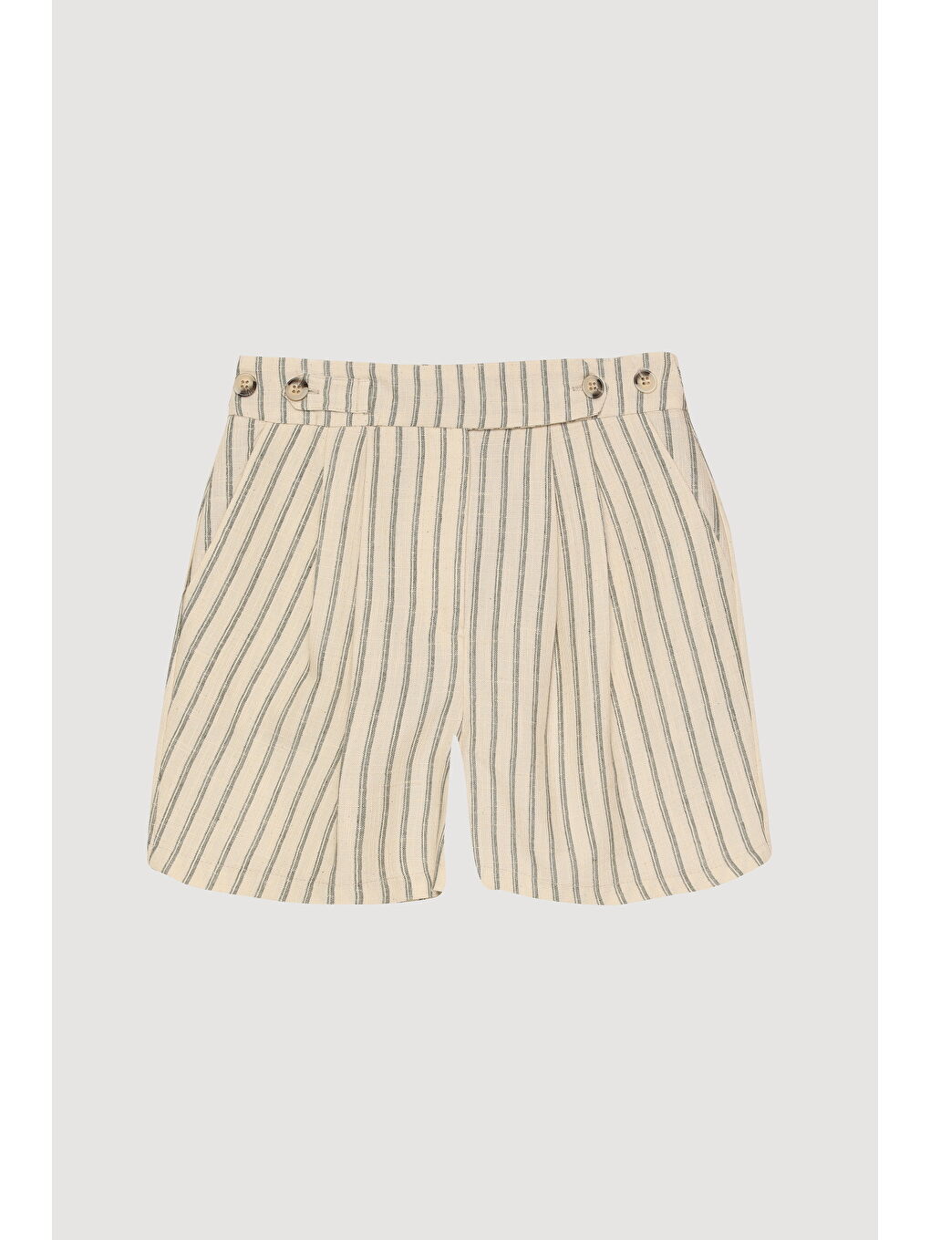 Pens Detaylı Çizgili Keten Mini Şort Bej
