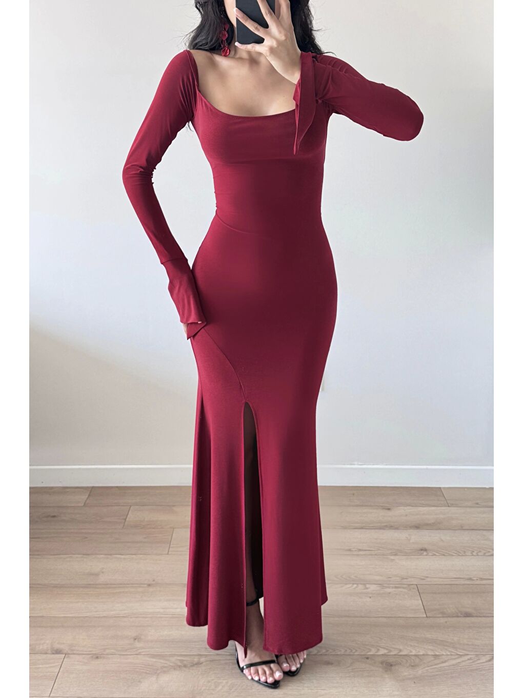 Kadın Bordo Yırtmaçlı Uzun Elbise 1041-2465-4