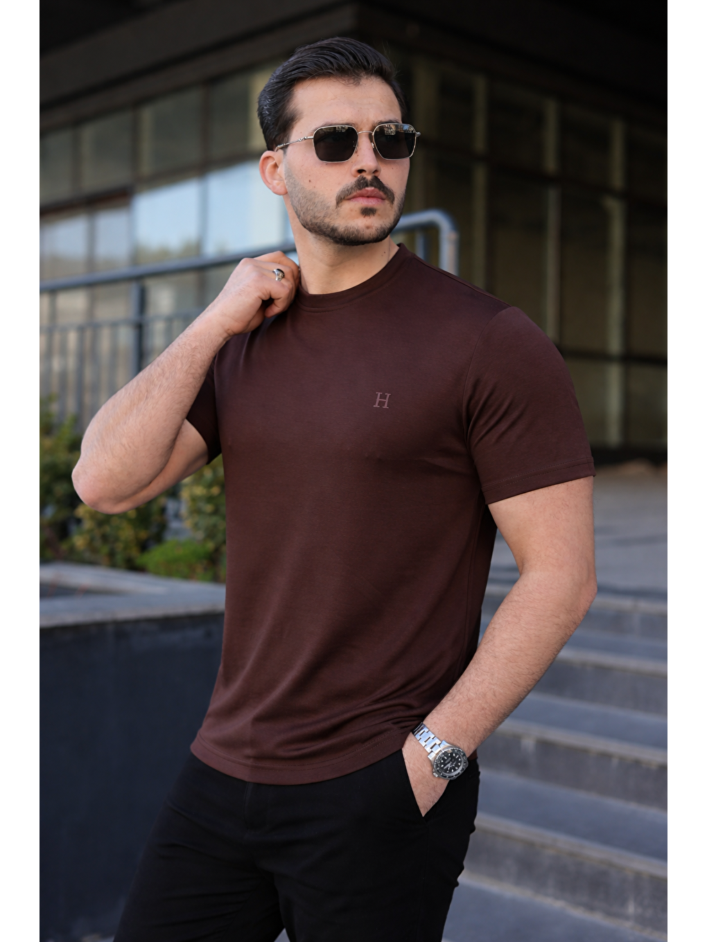 Kahverengi 3 Adet Erkek Yazlık Baskılı Slim Fit Kısa Kollu Tişört-5