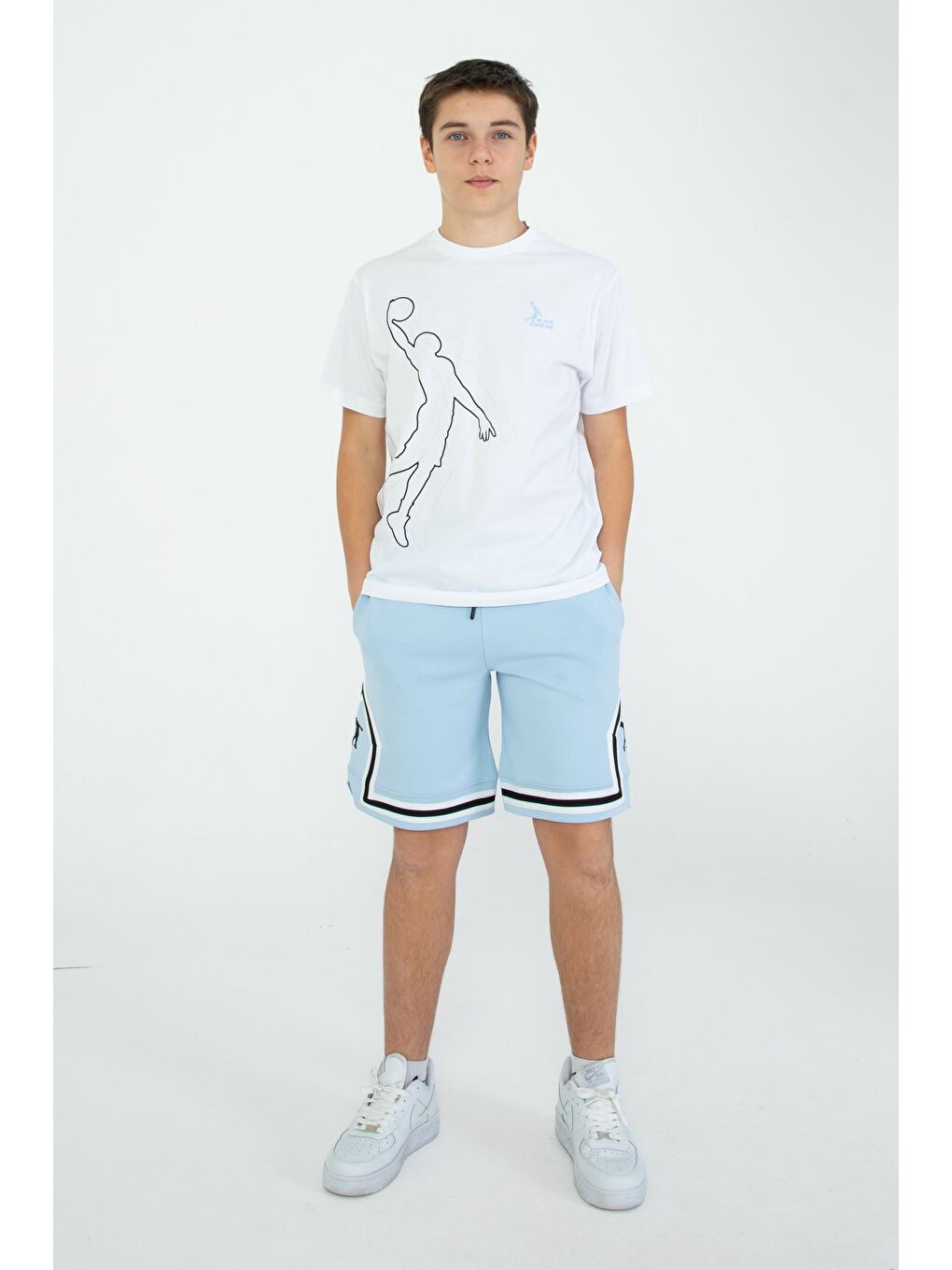 Mavi Basketbol Desenli Şort Çizgili Cep Detaylı 2'Li Alt Üst Takım