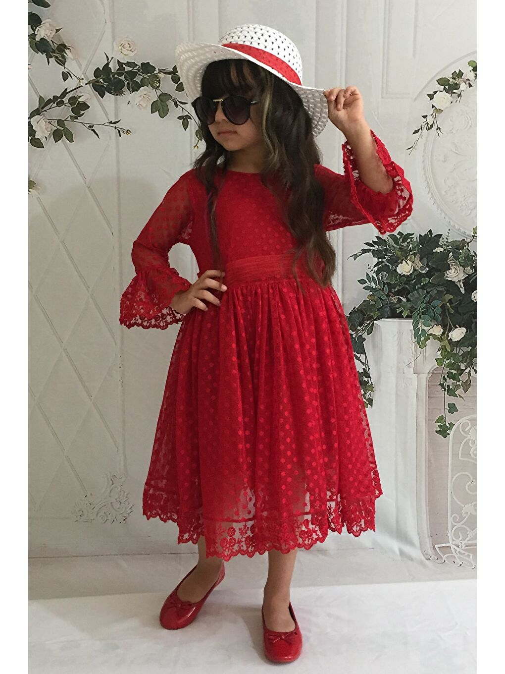 Kırmızı Krem Şapkalı Dantelli Kız Çocuk Elbise-7