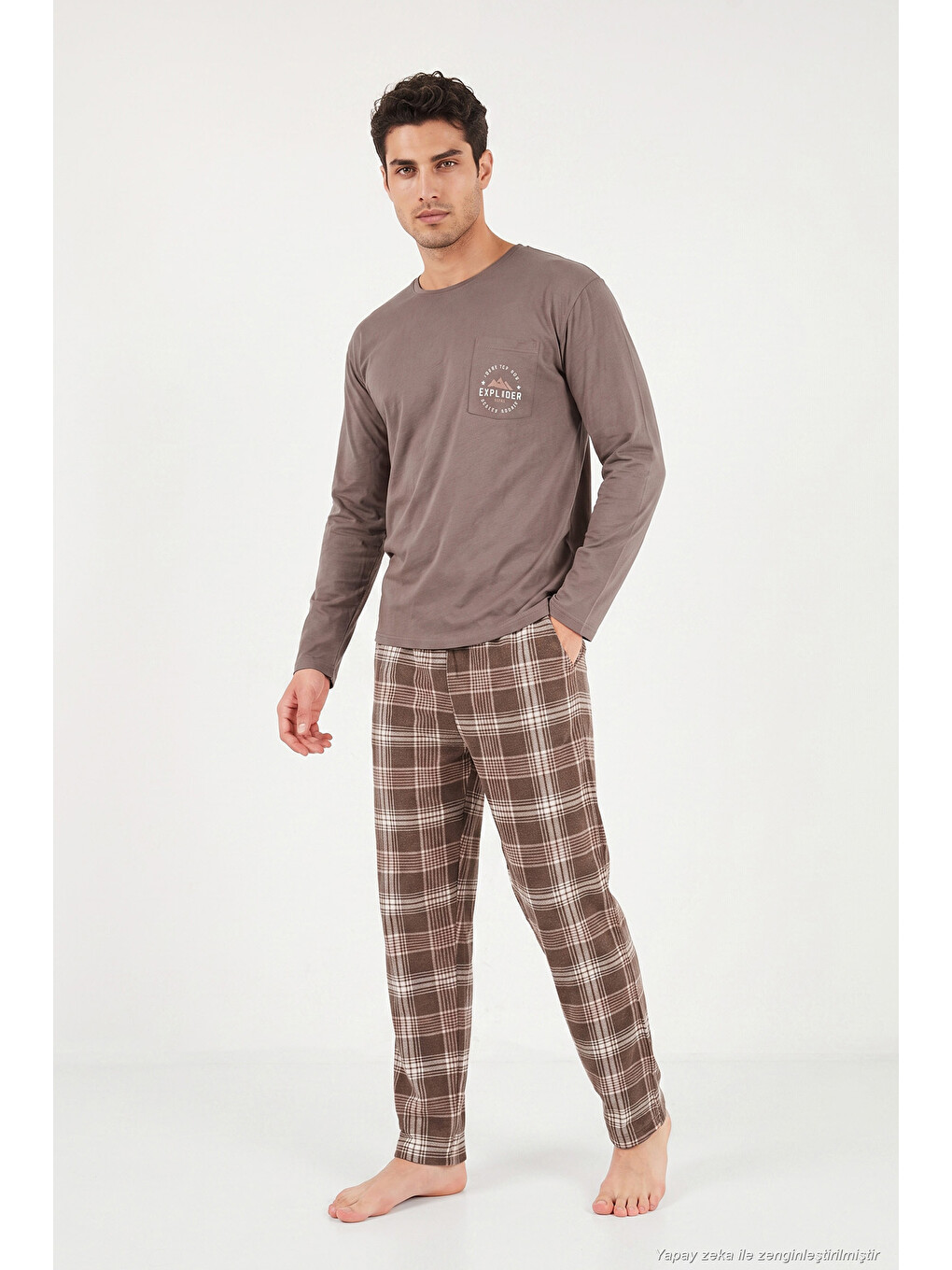 Kahverengi Ekoseli Pamuklu Bisiklet Yaka Pijama Takımı 6575007-1