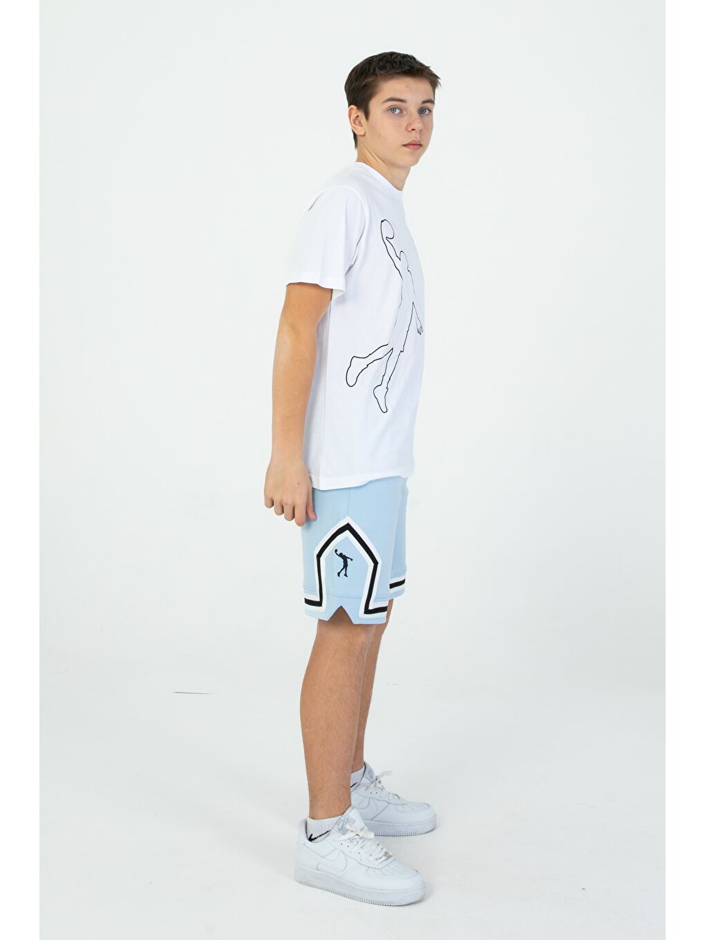 Mavi Basketbol Desenli Şort Çizgili Cep Detaylı 2'Li Alt Üst Takım-1