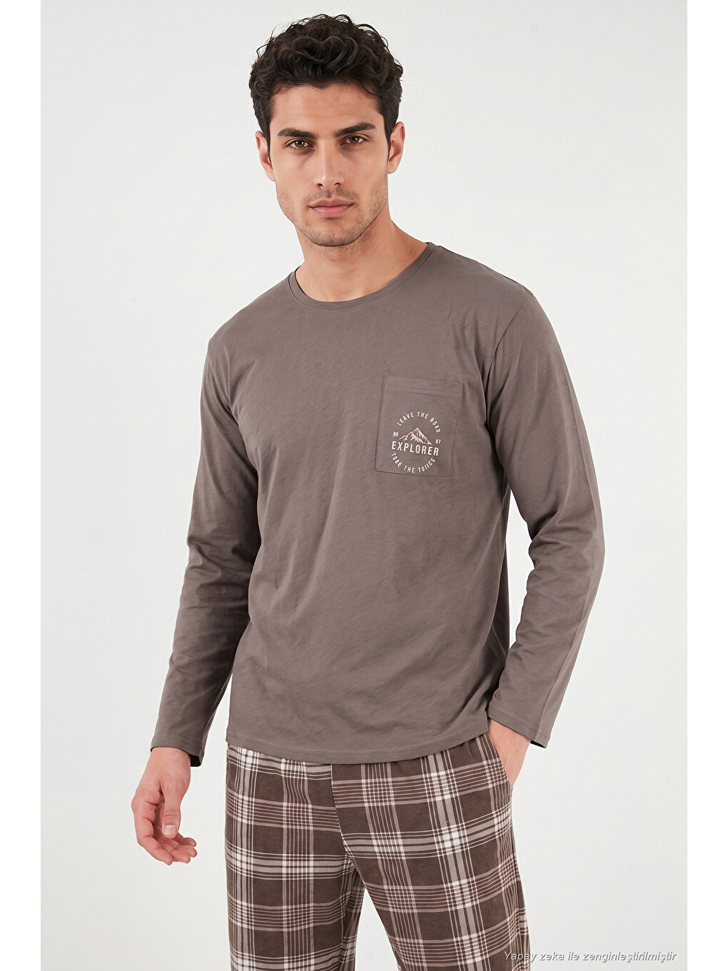 Kahverengi Ekoseli Pamuklu Bisiklet Yaka Pijama Takımı 6575007-2