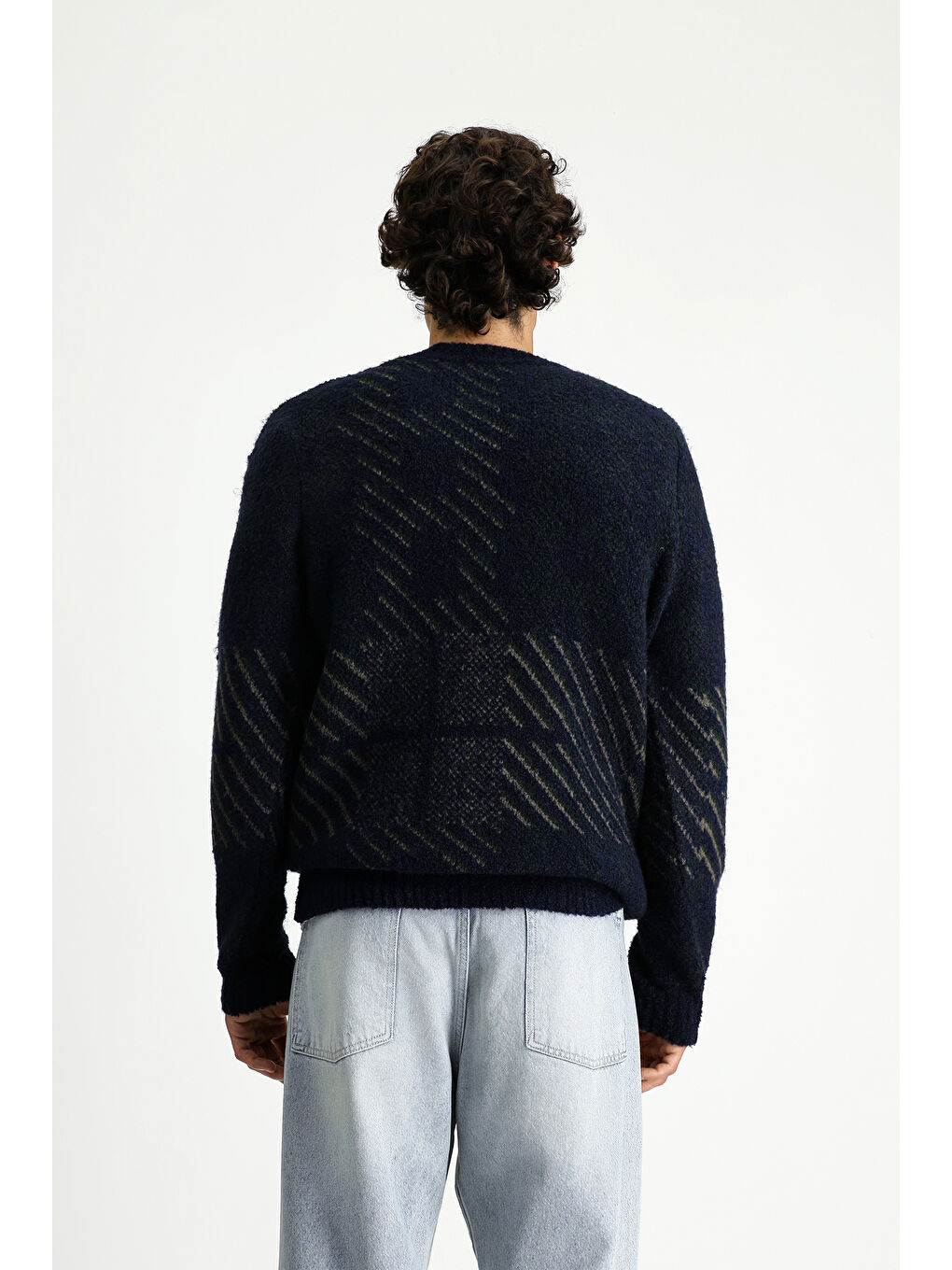 Lacivert Bisiklet Yaka Regular Fit Desenli Yünlü Triko Kazak-4